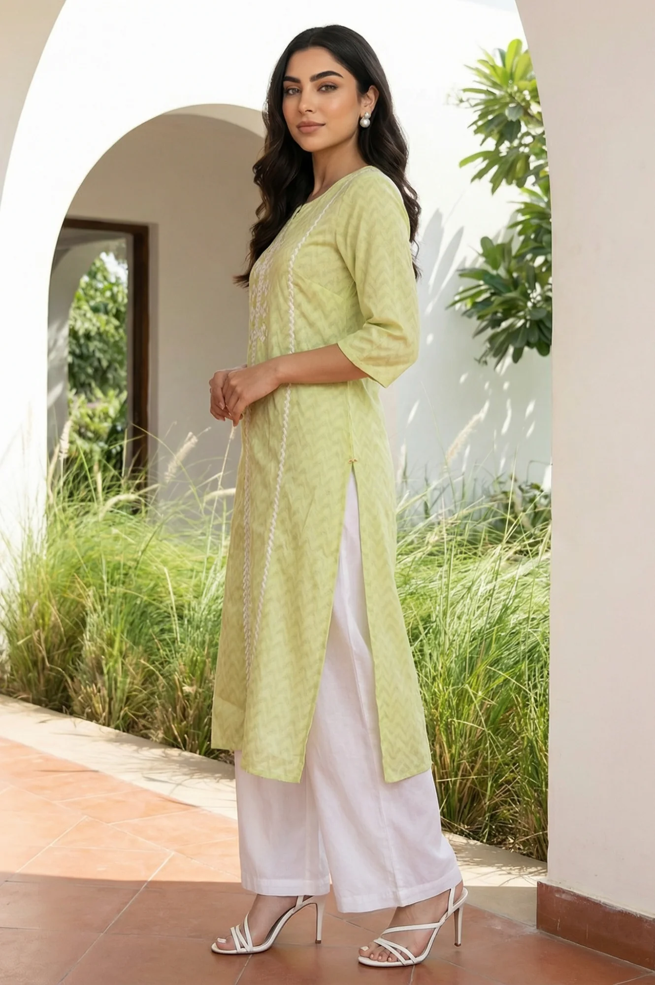Lime Green Chevron Thread Work Straight Kurta - Image 3