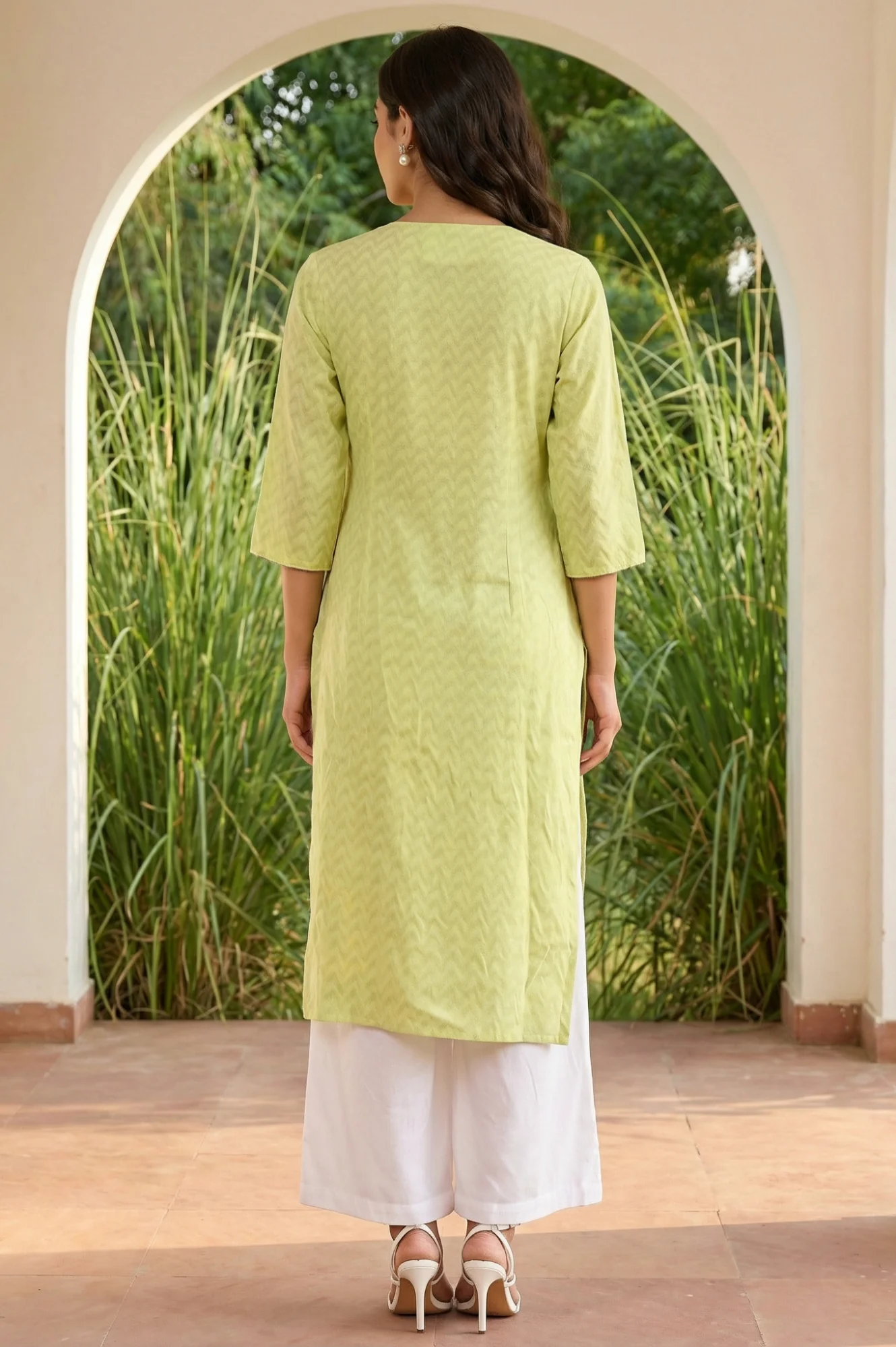 Lime Green Chevron Thread Work Straight Kurta - Image 4