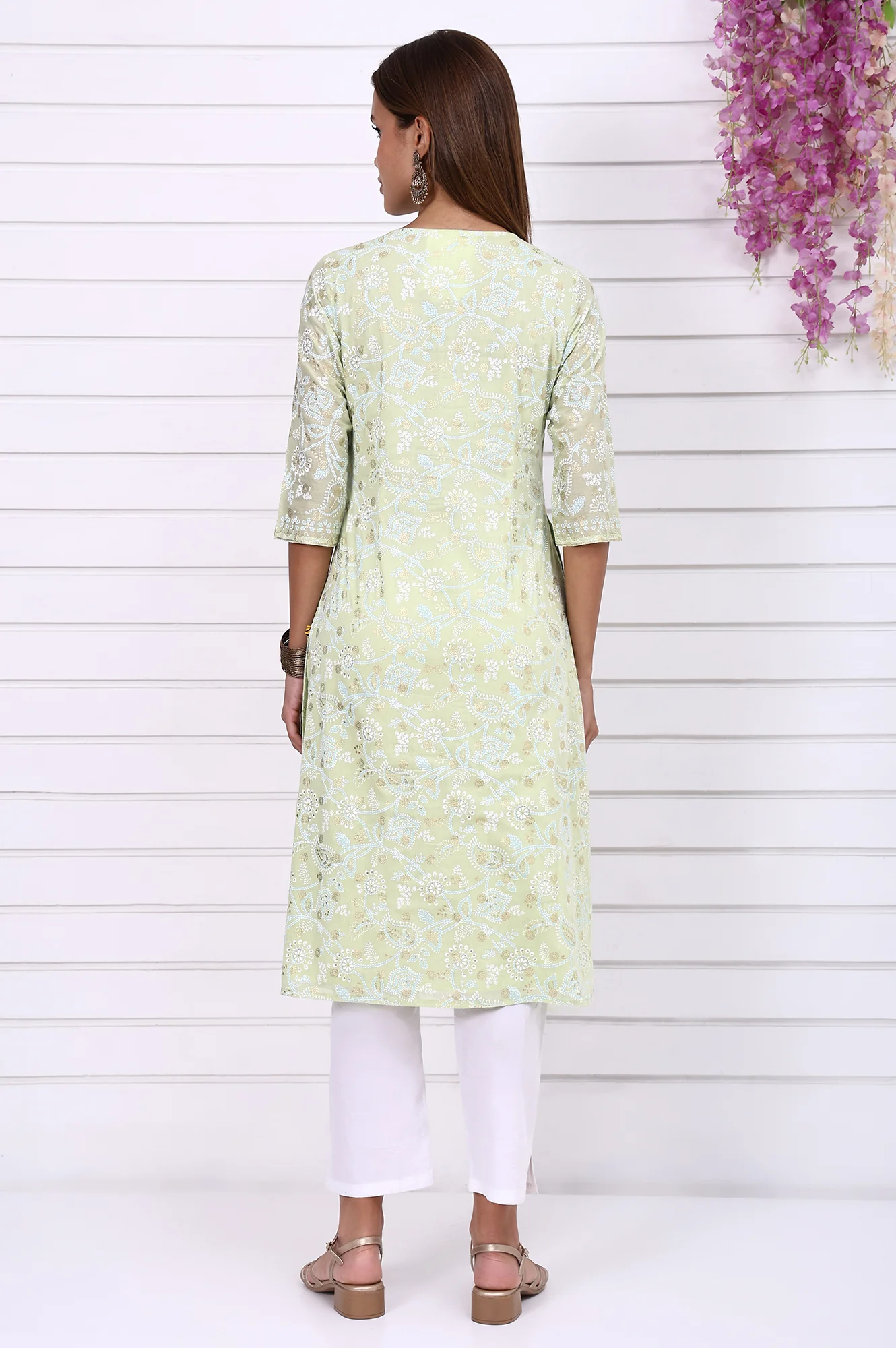 Lime Green Foil Printed Beaded Straight Festive Kurta - Image 5