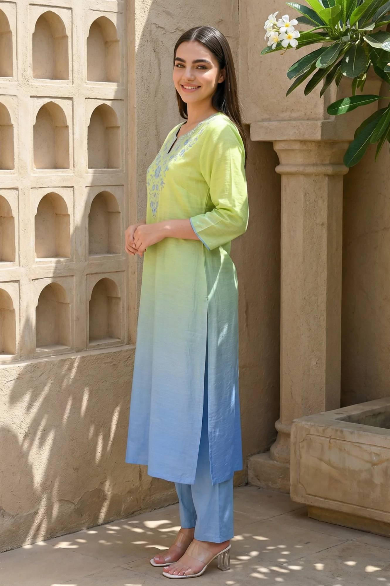 Lime Green Ombre Thread Work Straight Kurta - Image 3