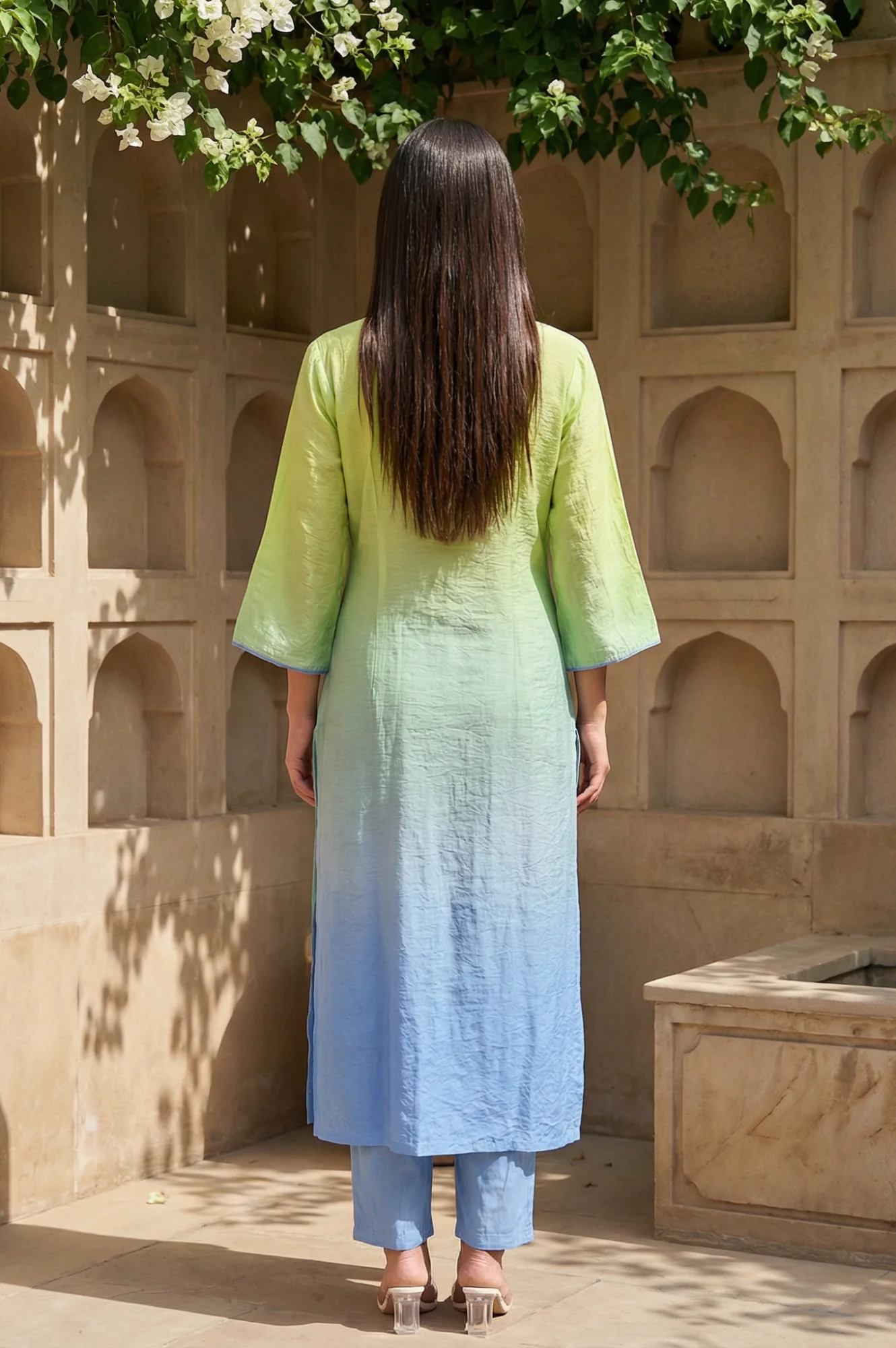 Lime Green Ombre Thread Work Straight Kurta - Image 4