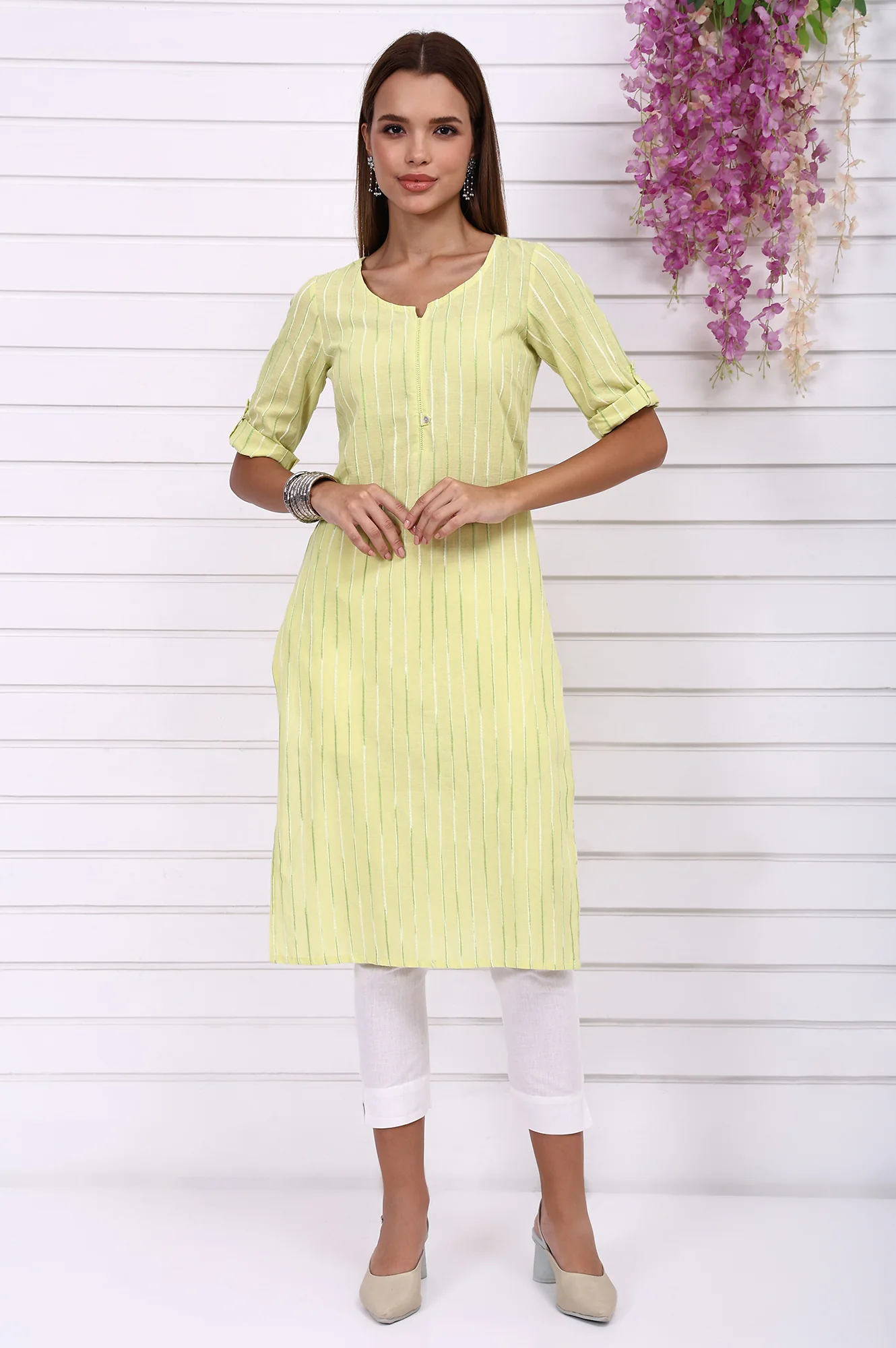 Lime Green Yarn Dyed Straight Kurta - Image 2