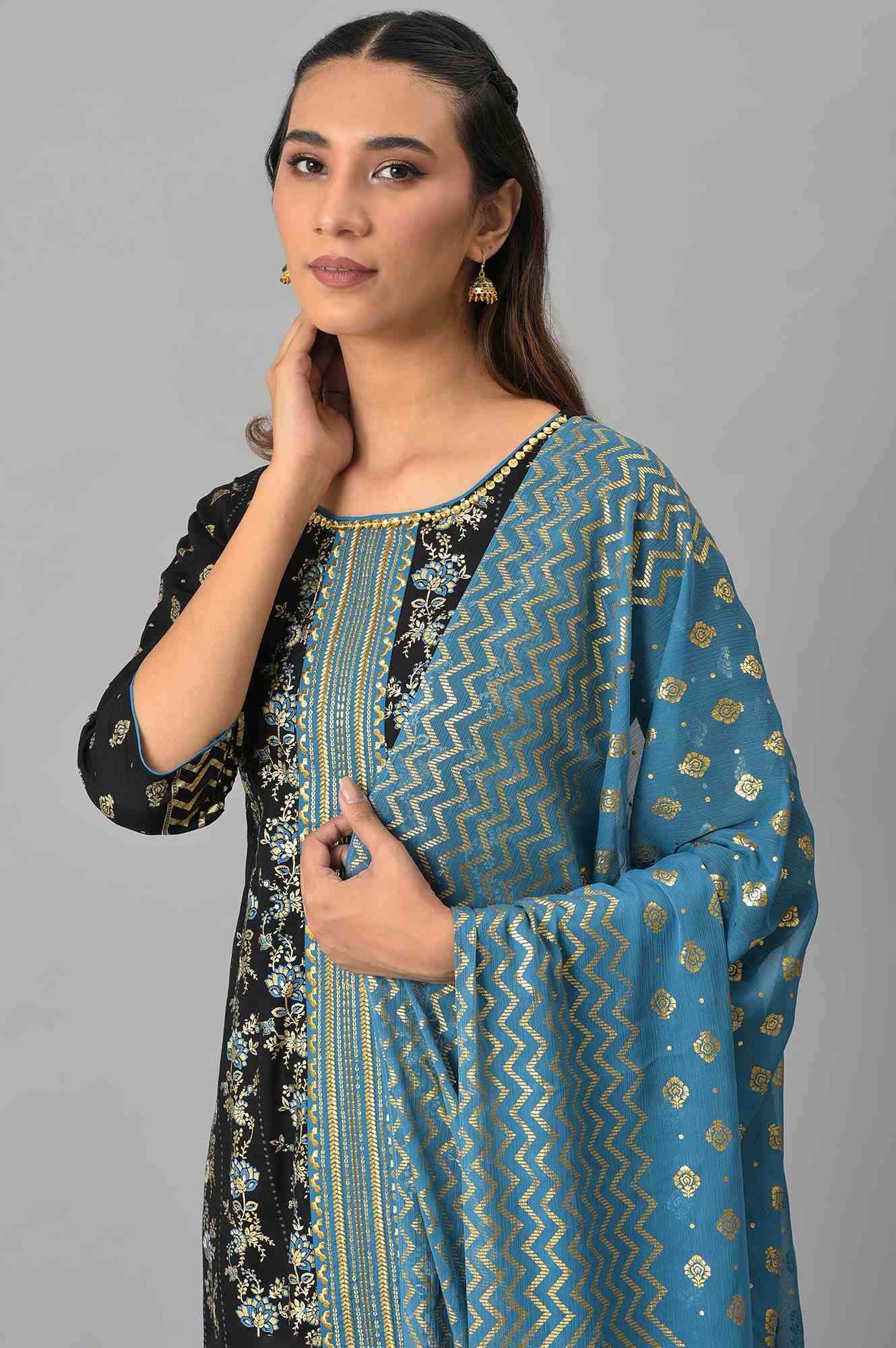 LIVA Black Zari Embroidered kurta with Blue Straight Palazzo and Dupatta Set - Image 5
