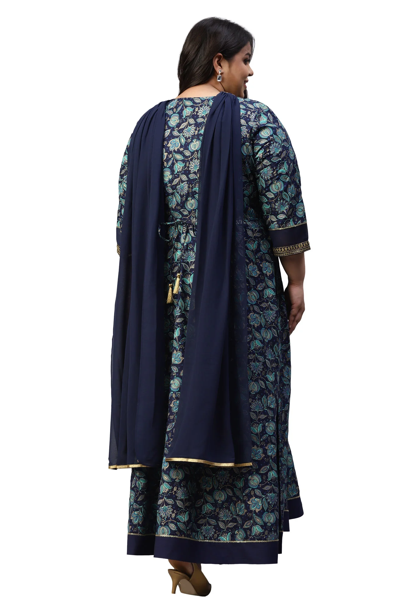 LIVA Blue Floral Printed Dress with Embroidered Dupatta - Image 2