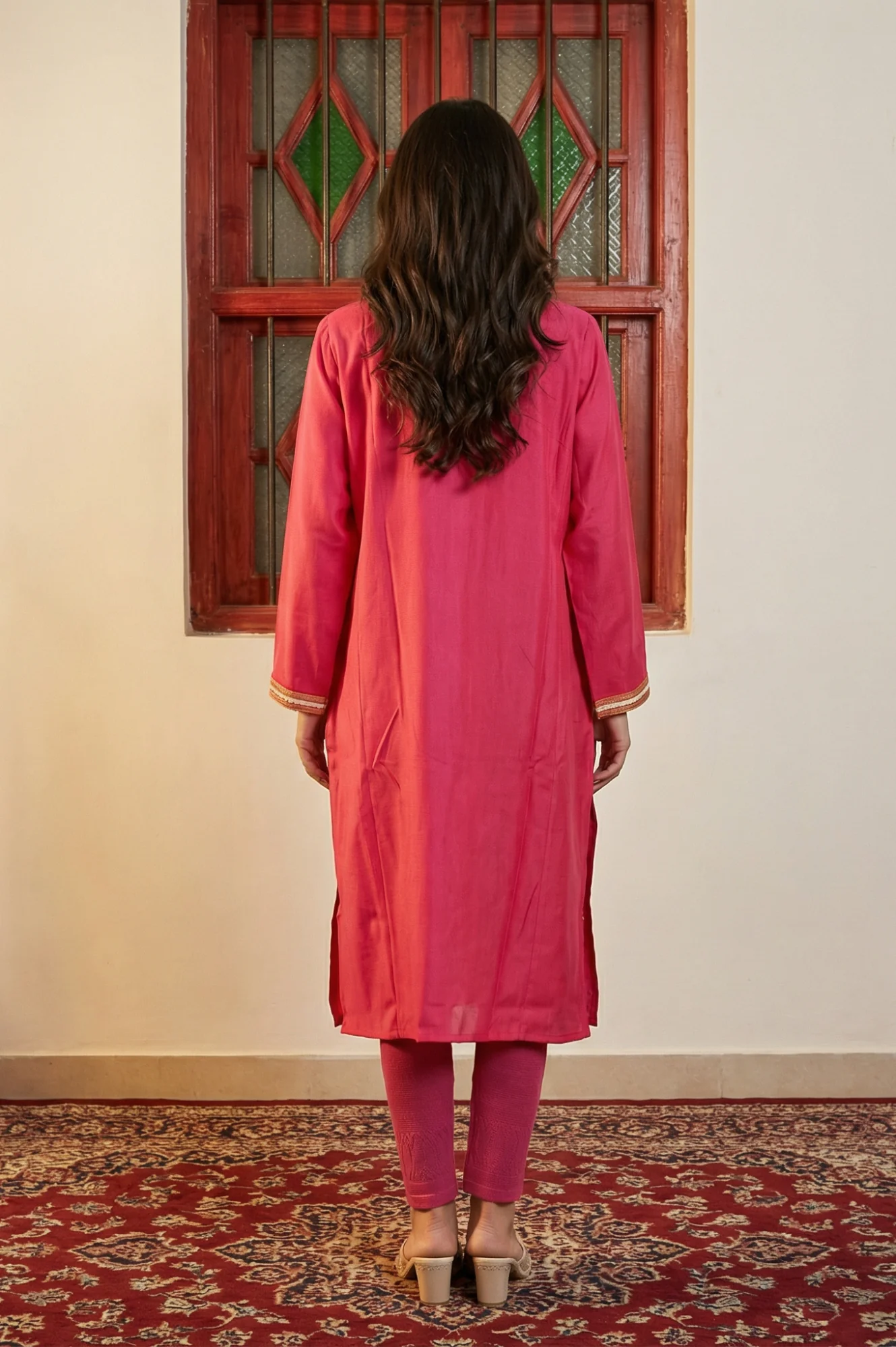 Magenta Embroidered Zari Work Acrylic Blend Straight Kurta - Image 4