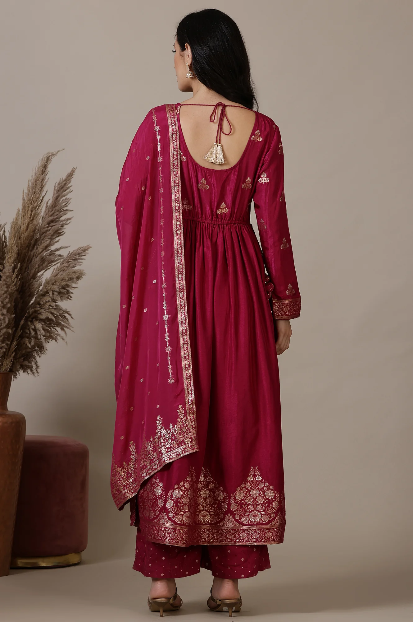 Magenta Pink Naira Cut Embellished Jacquard A-line Kurta, Palazzo and Dupatta Set - Image 5