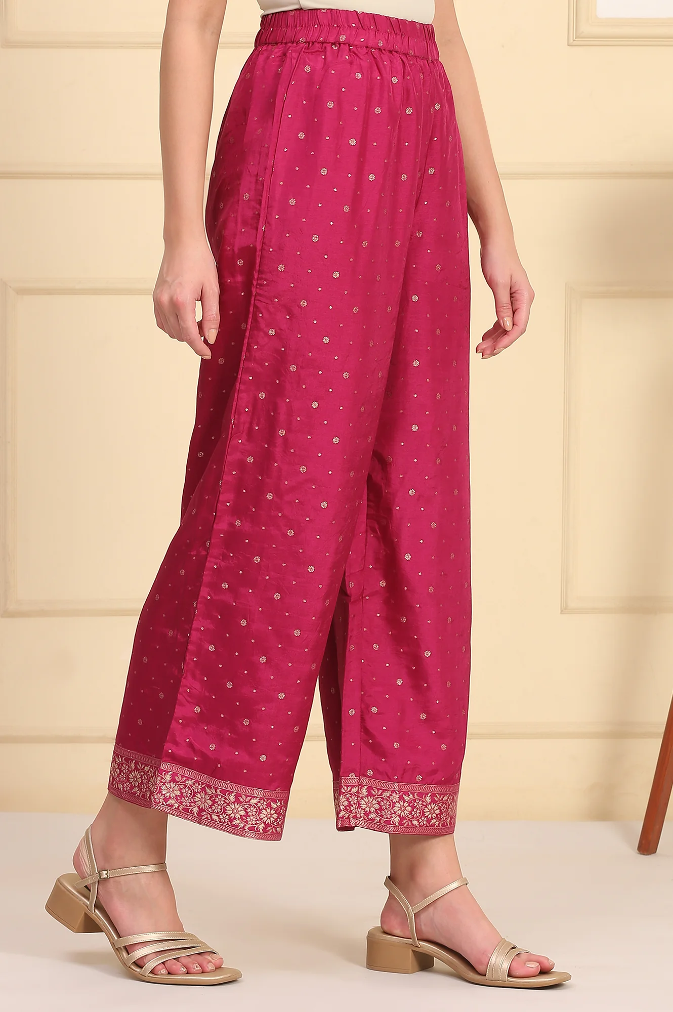 Magenta Printed Jacquard Embellished Ankle-Length Woven Fabric Palazzo - Image 3