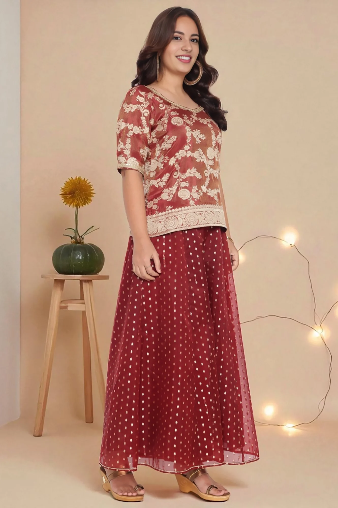 Maroon Dyed Printed Lace Jaquard Straight Kurti, Palazzo and Dupatta Set - Image 4
