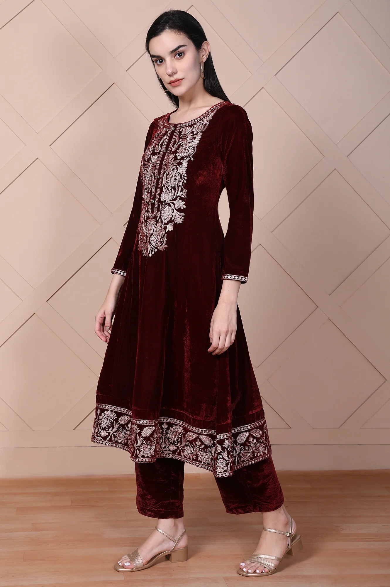 Maroon Embroidered A-Line Velvet Kurta with Palazzo Set - Image 4