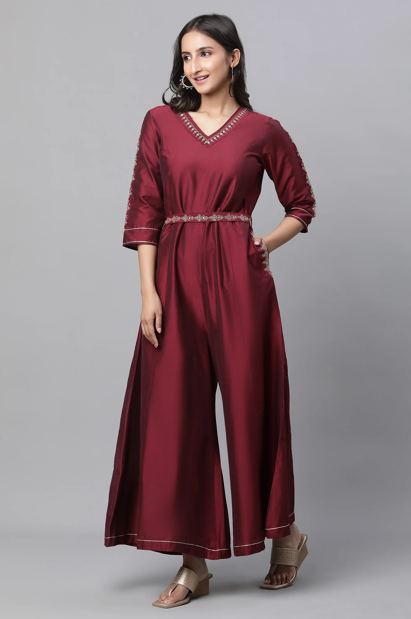 Maroon Embroidered Ethnic Jumpsuit with Belt - Image 3