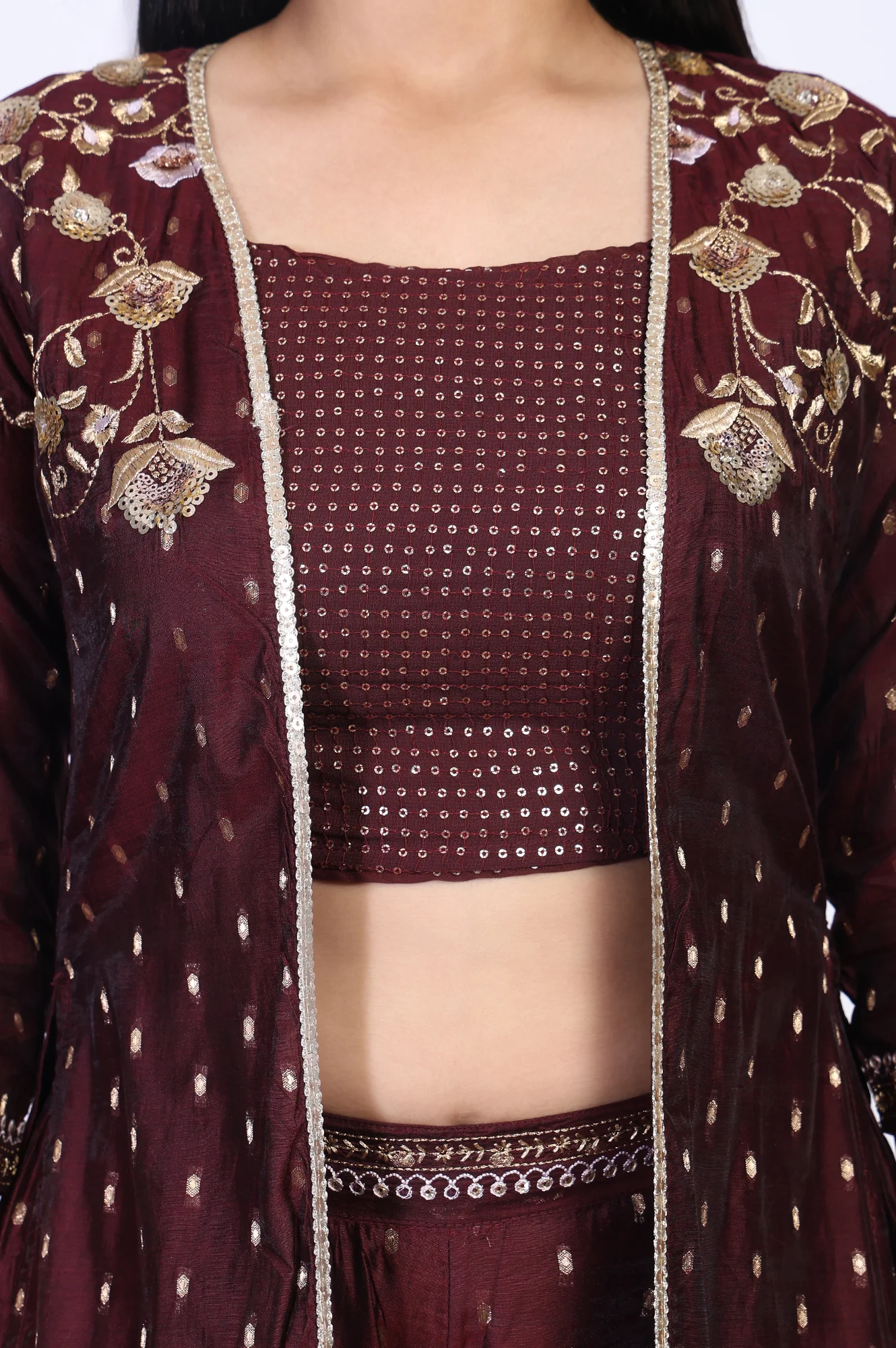 Maroon Embroidered Sequined Crop Top with Embroidered Palazzo and Jacket Set - Image 4