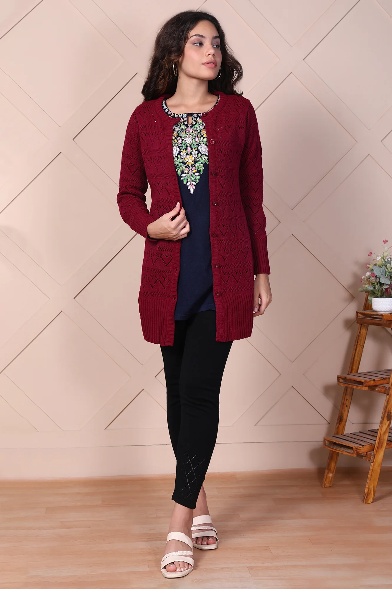 Maroon Embroidered Self Design Straight Acrylic Sweater - Image 2