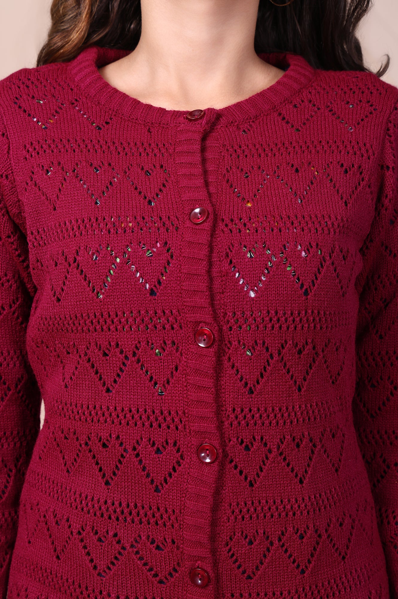 Maroon Embroidered Self Design Straight Acrylic Sweater - Image 3