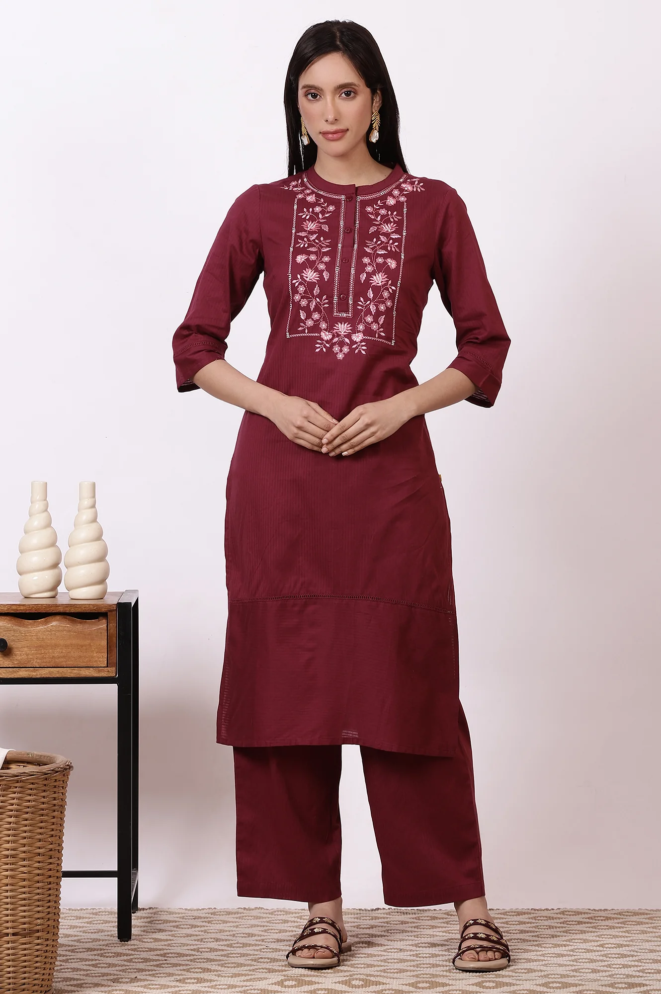Maroon Embroidered Yoke Pure Cotton Straight Kurta and Pants Set - Image 3