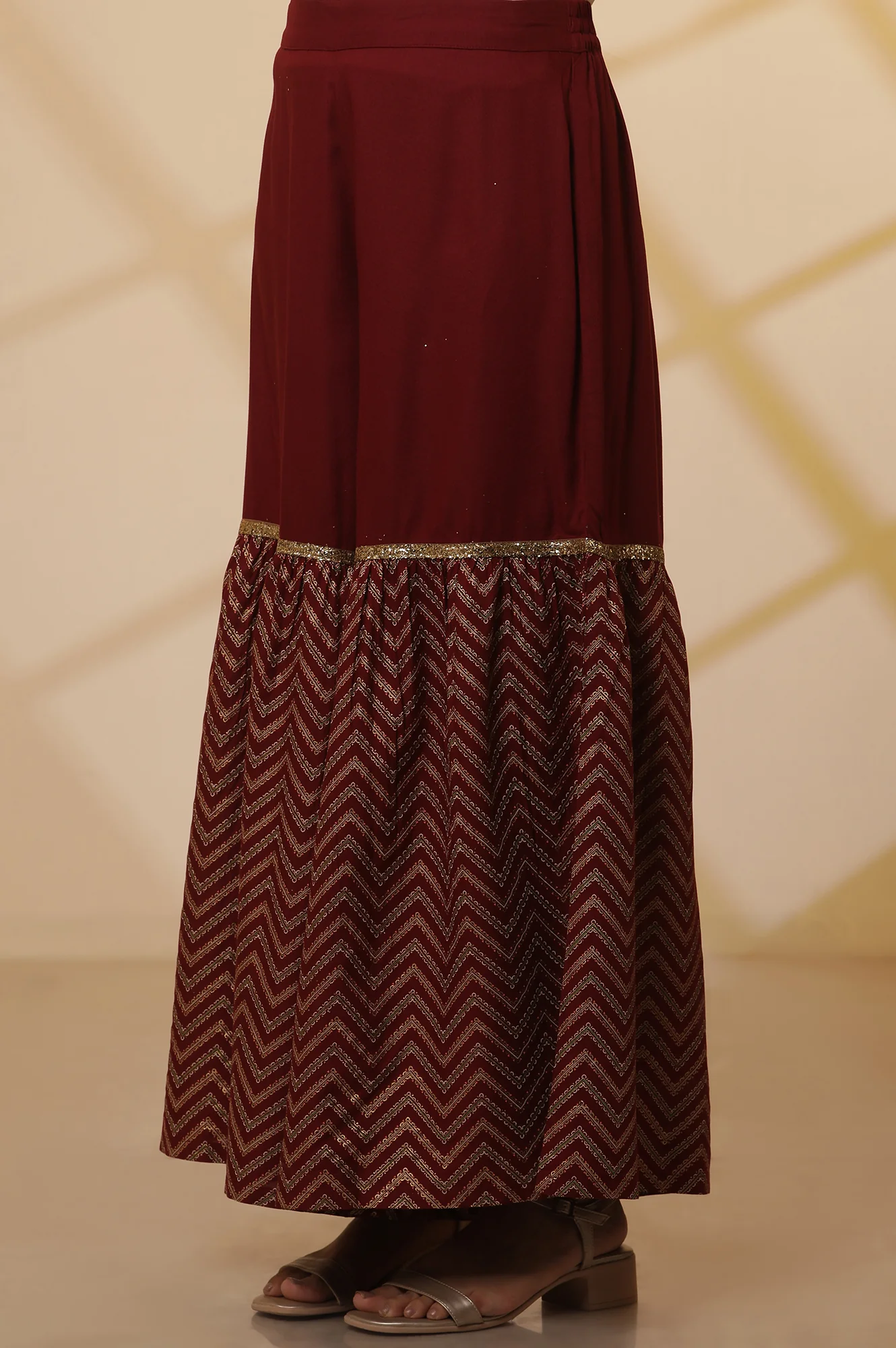 Maroon Floral Printed Sequined Kurta, Sharara Set with Gold Chocker Dupatta - Image 9