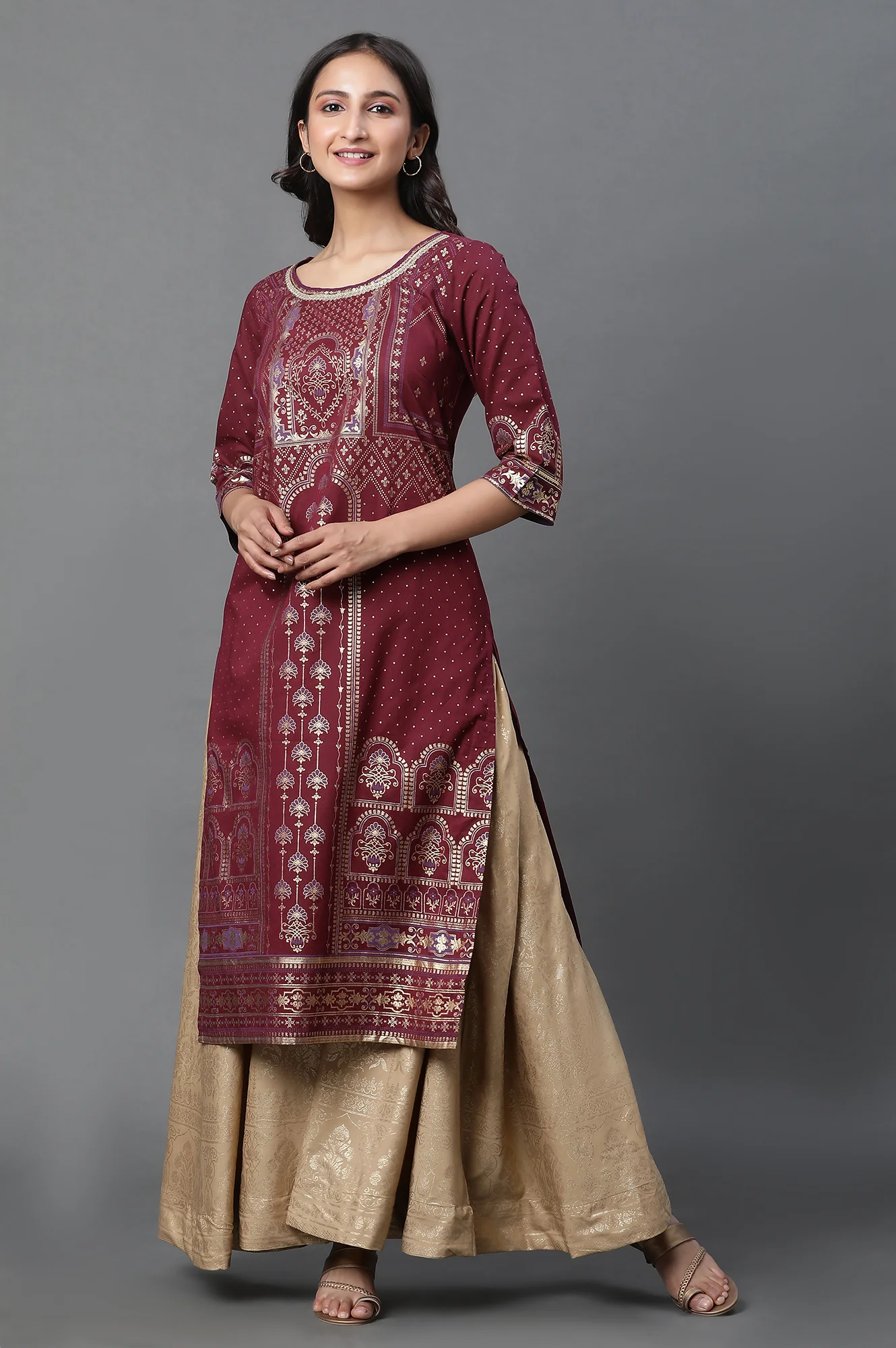 Maroon Foil Printed Straight Kurta with Sequin Detailing - Image 2