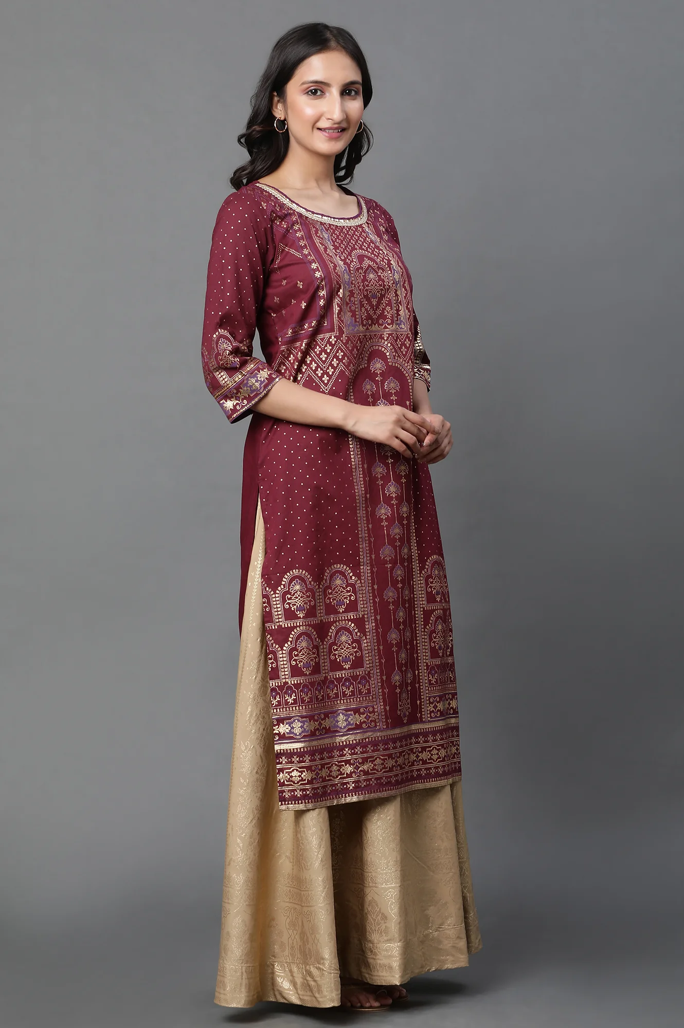 Maroon Foil Printed Straight Kurta with Sequin Detailing - Image 4