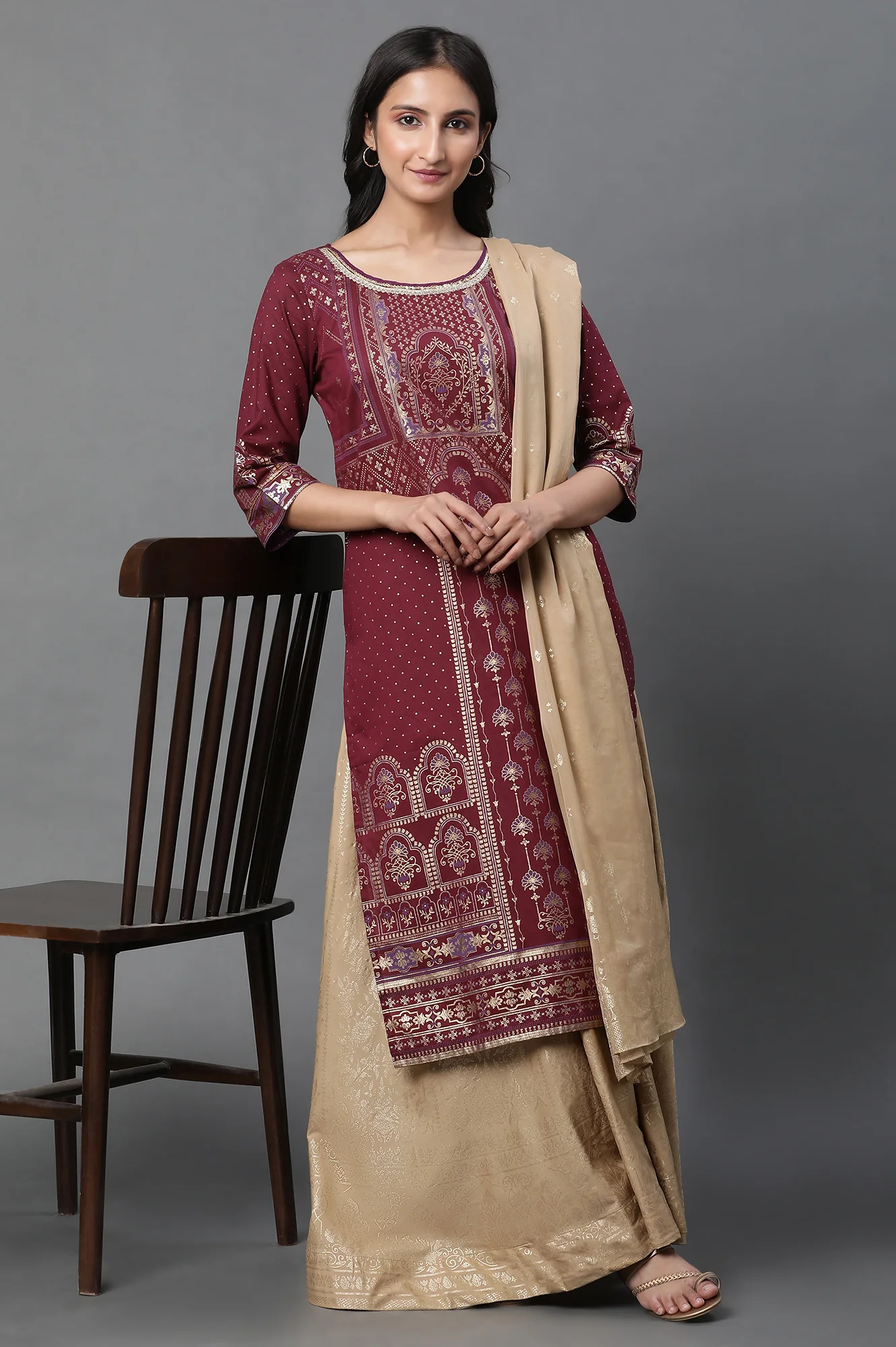 Maroon Foil Printed Straight Kurta with Sequin Detailing - Image 6