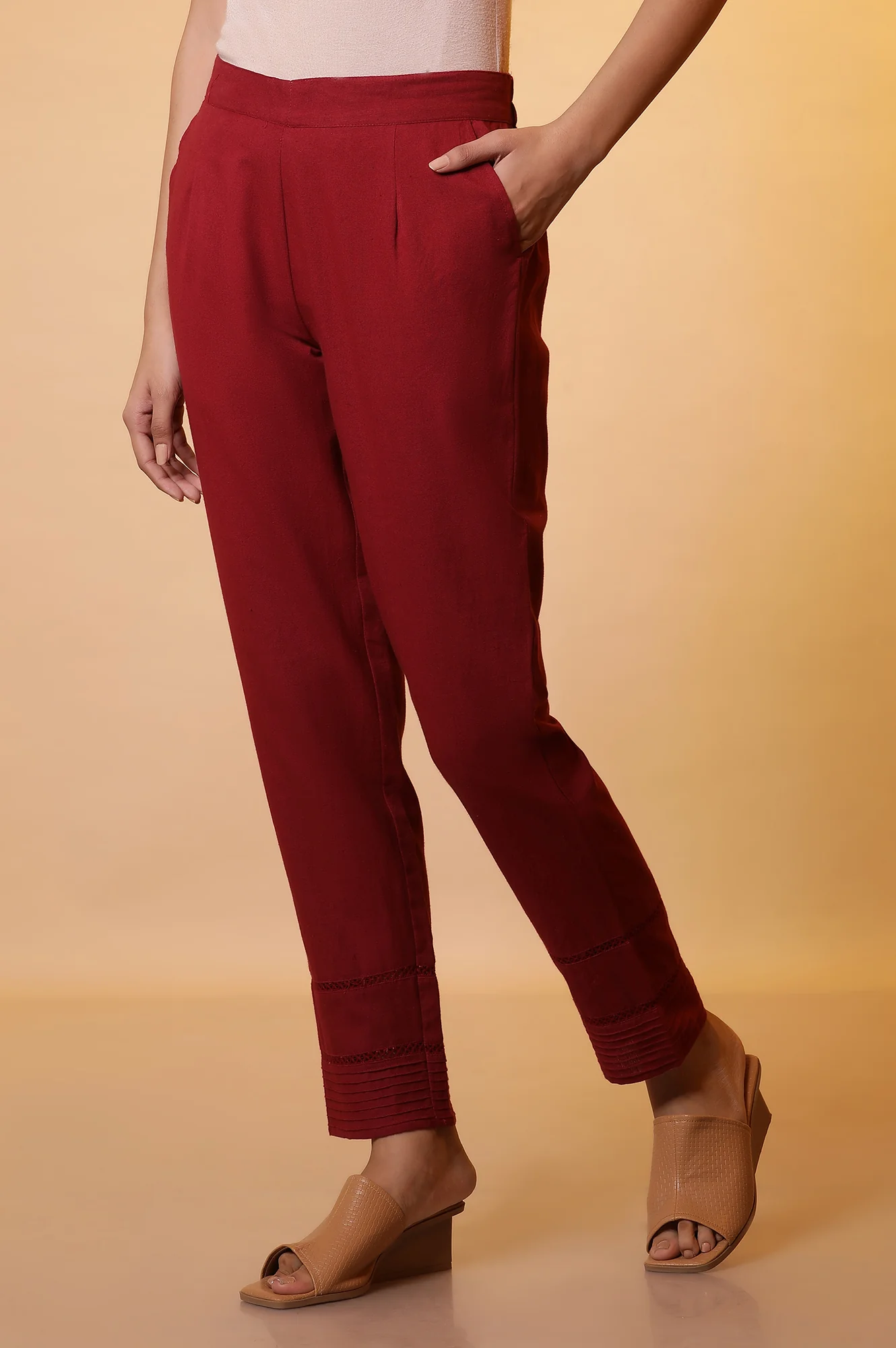 Maroon Lace Insert Pintuck Trousers - Image 2
