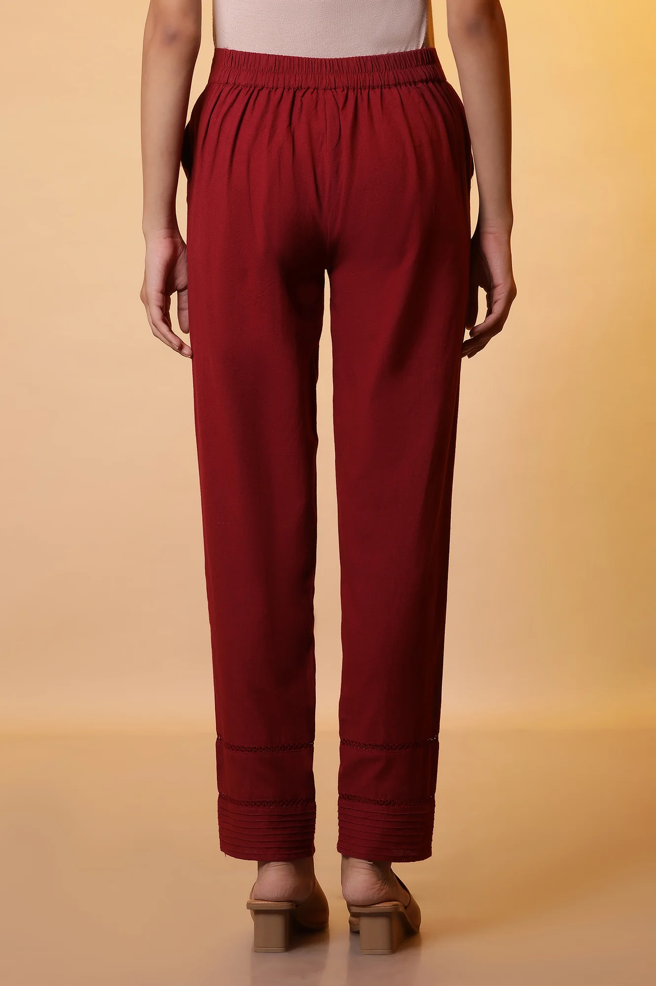 Maroon Lace Insert Pintuck Trousers - Image 3
