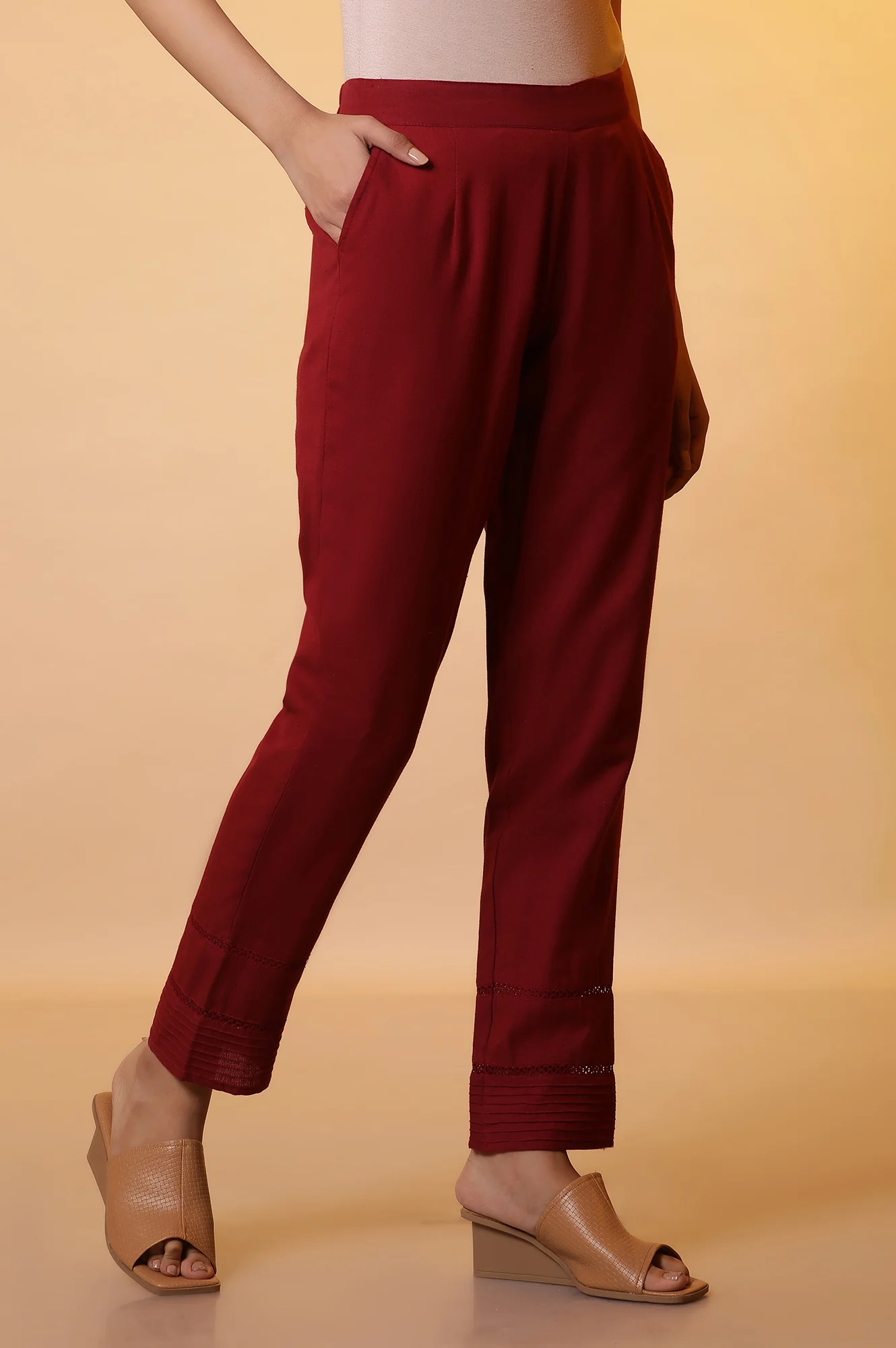 Maroon Lace Insert Pintuck Trousers - Image 4