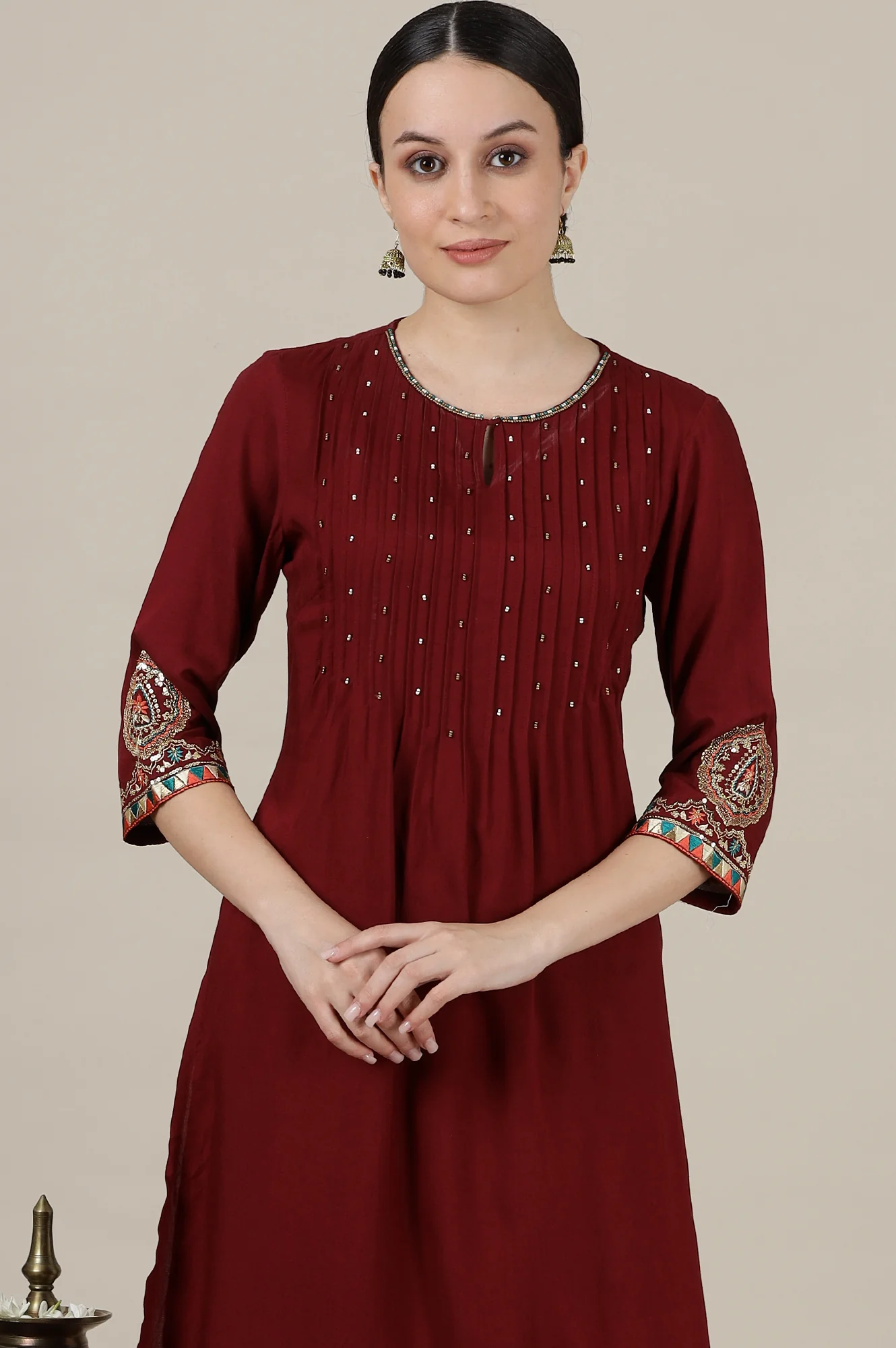 Maroon Sequined & Embroidered Straight Kurta with Pleated Yoke - Image 2