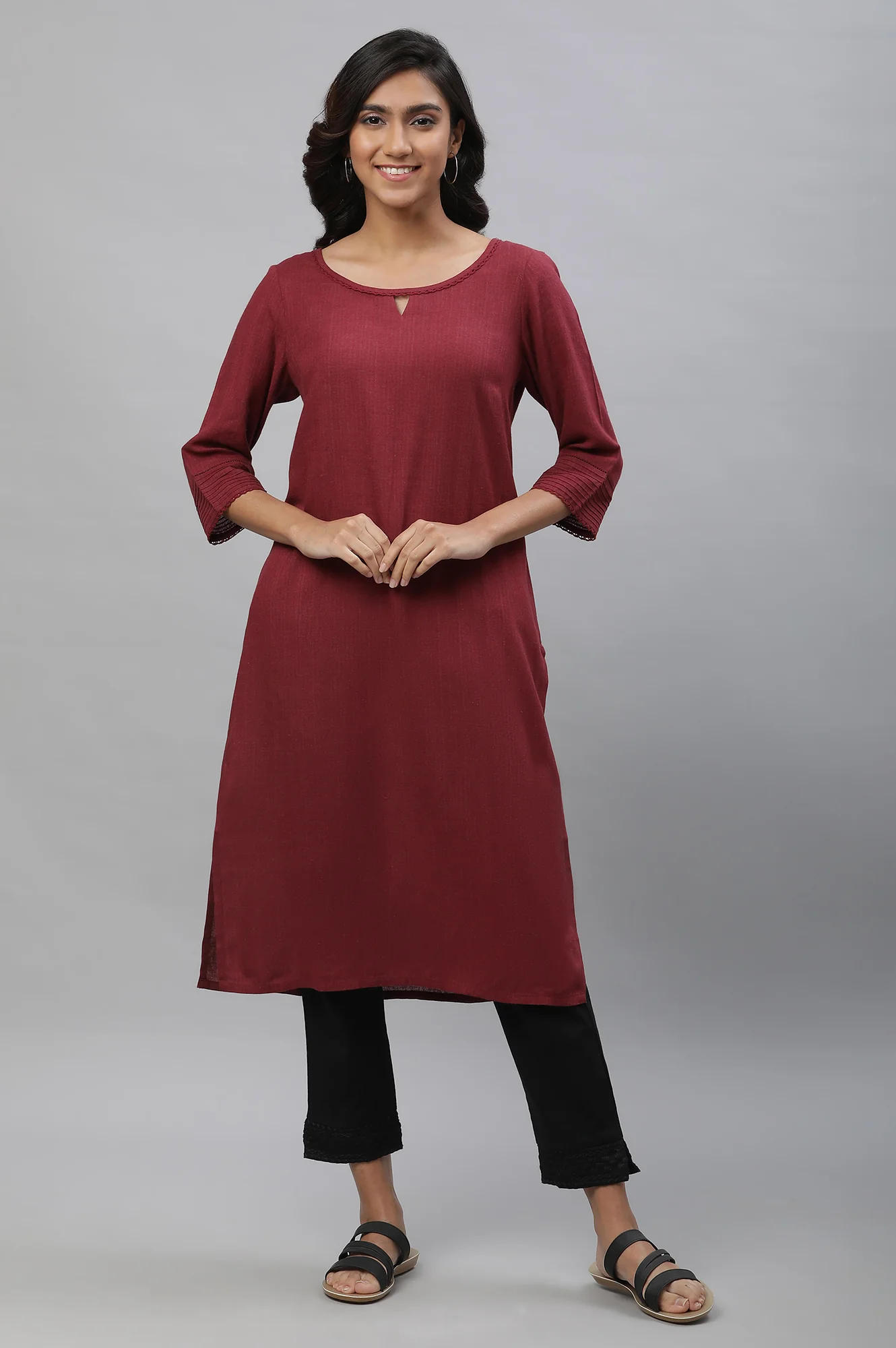 Maroon Solid Lace Trim Straight Rayon Kurta - Image 2
