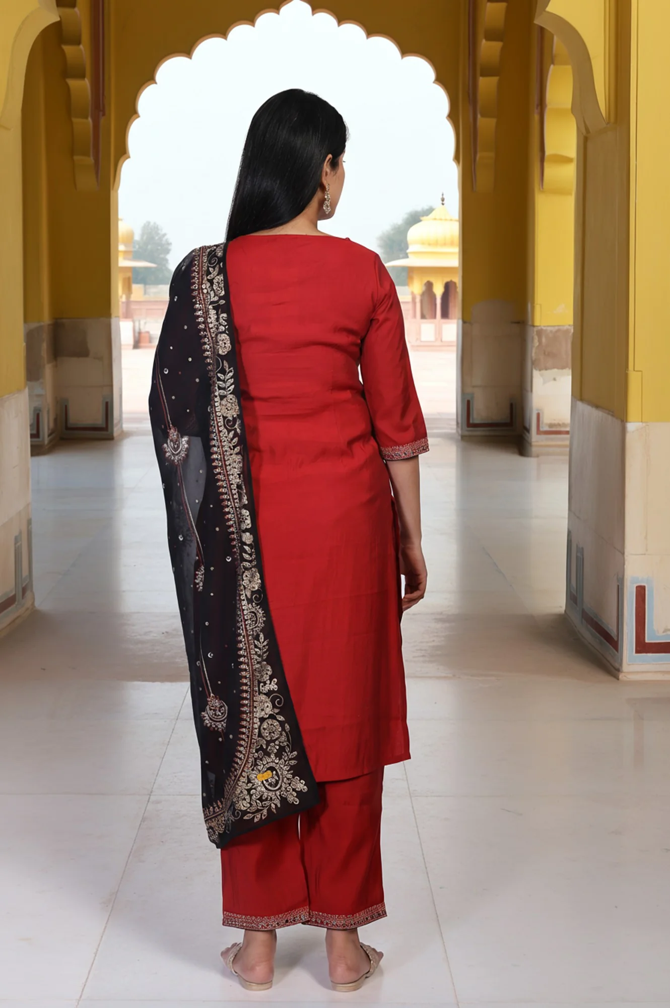 Marron Embroidered Straight Kurta with Pant and Dupatta Set - Image 4