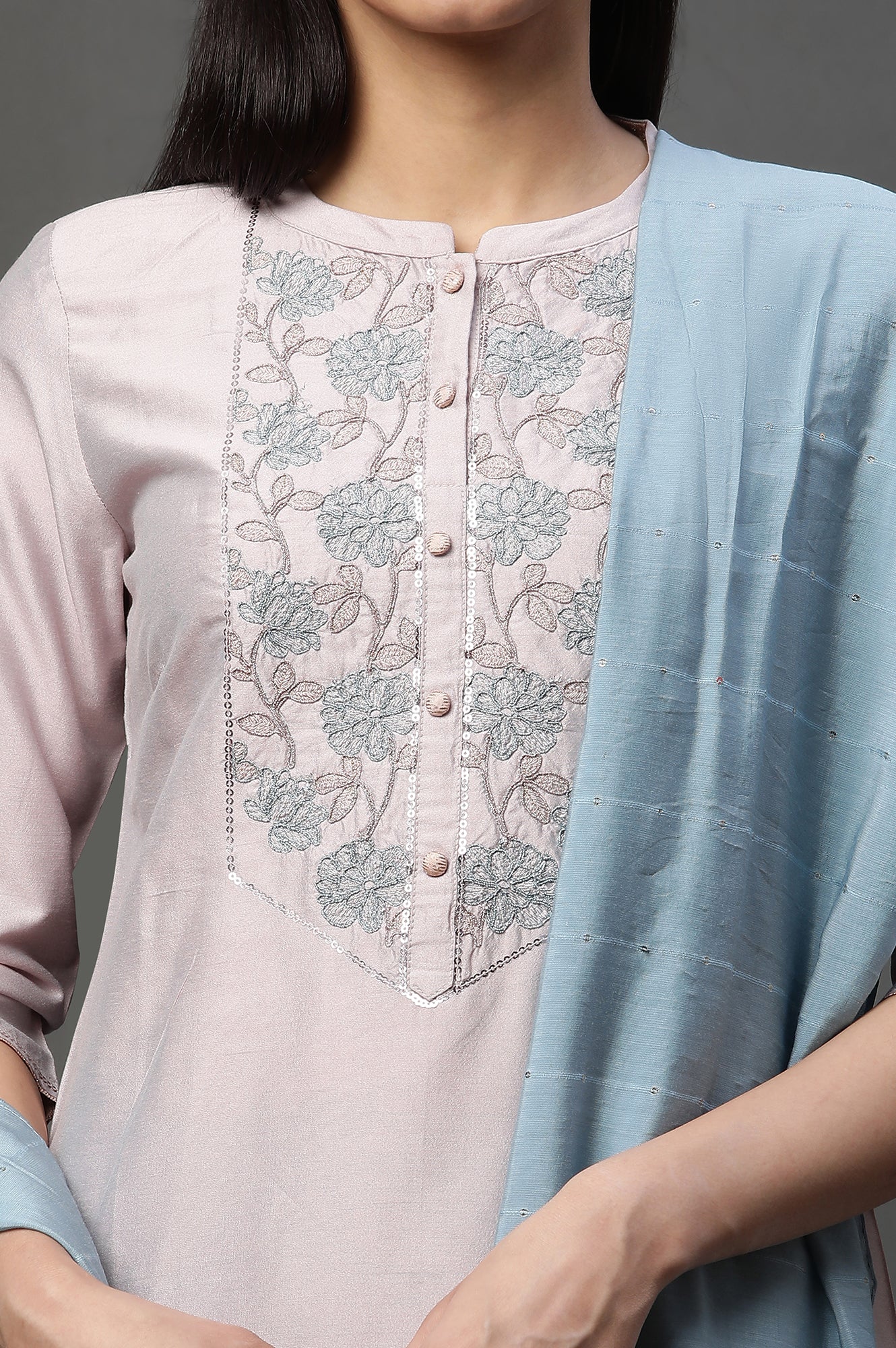 Mauve Pink Embroidered Kurta, Pants and Dupatta Set - Image 7