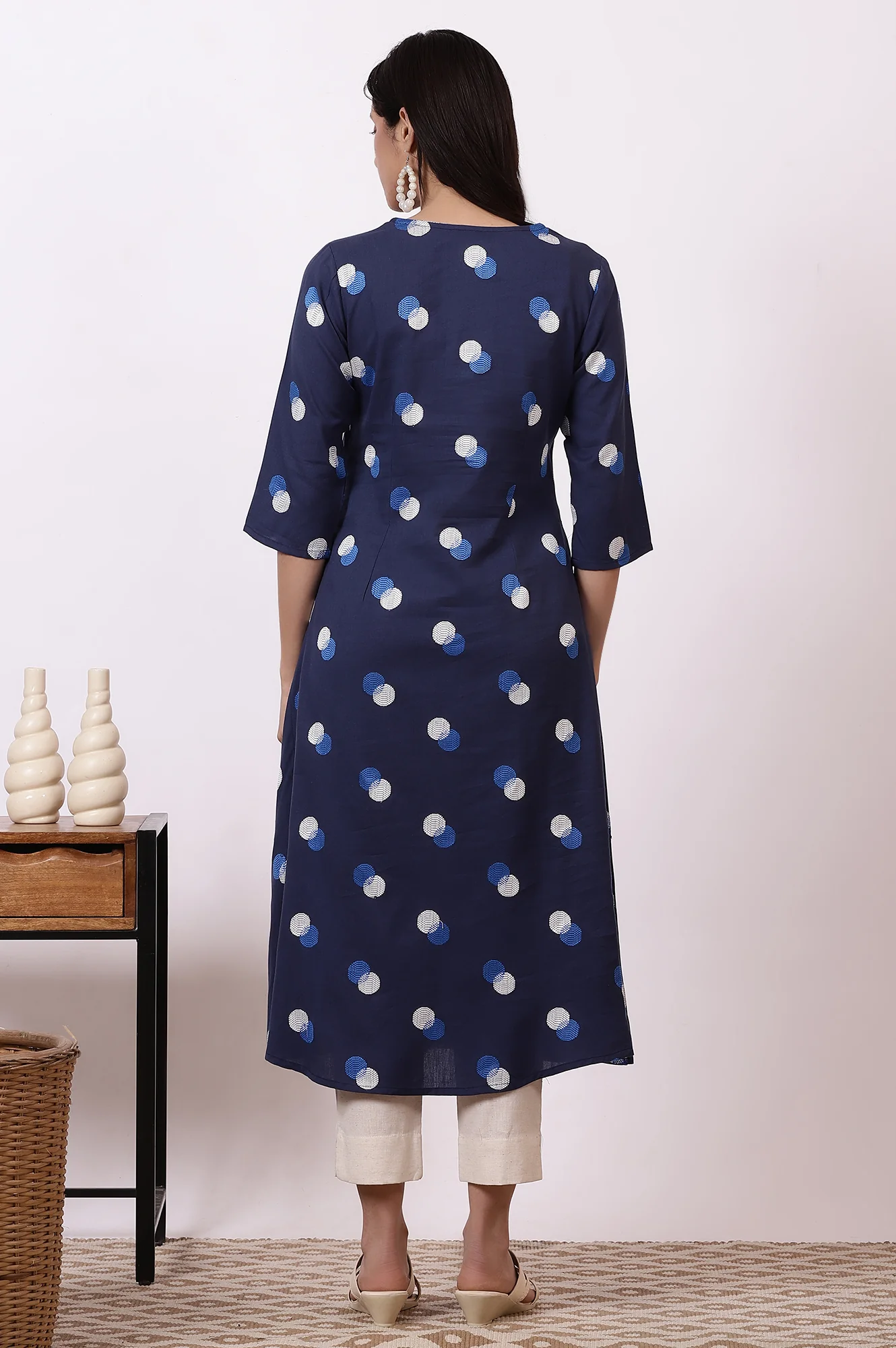 Midnight blue Polka Dots Cotton Rayon A-line Kurta - Image 6
