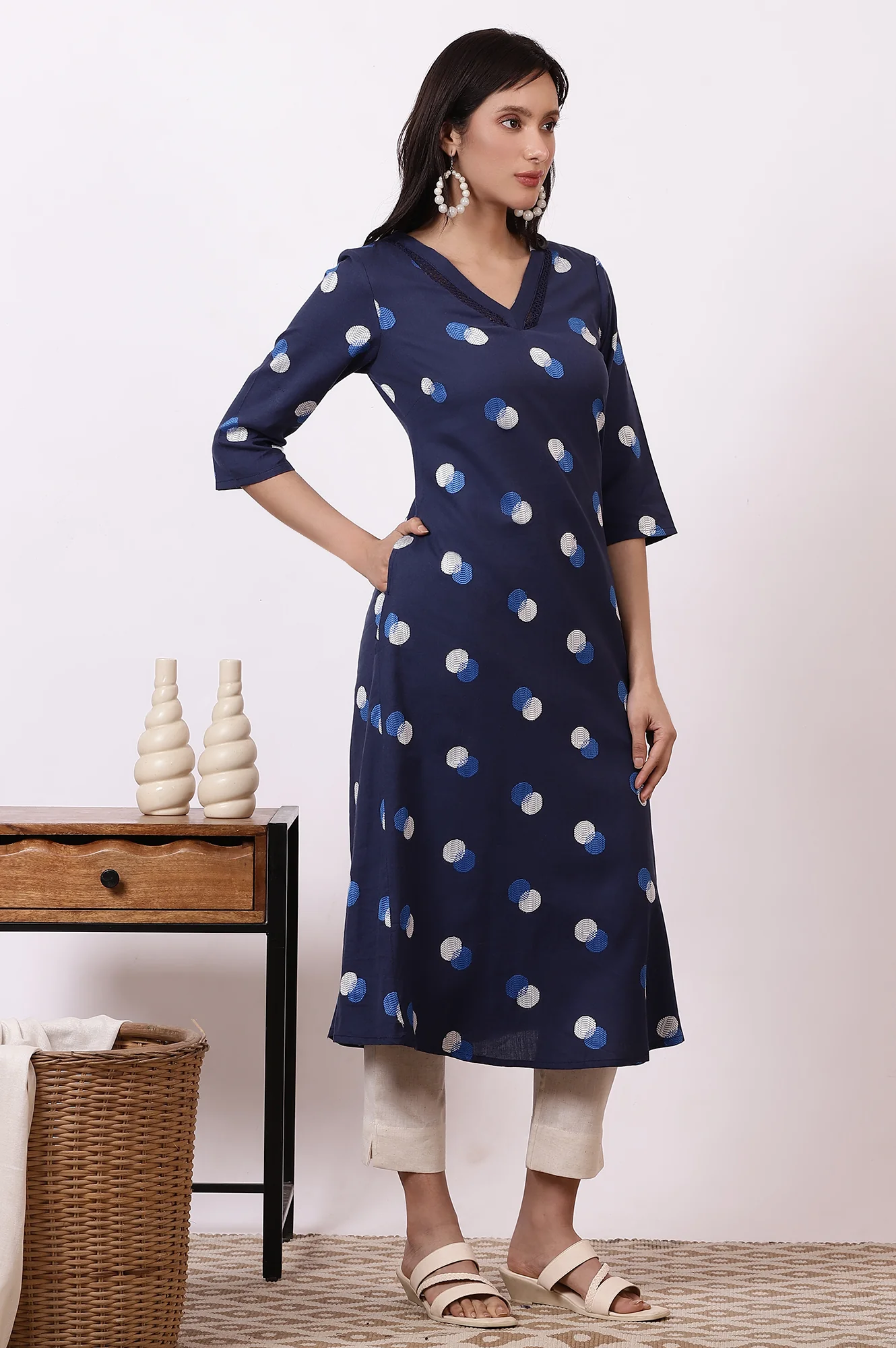 Midnight blue Polka Dots Cotton Rayon A-line Kurta - Image 7