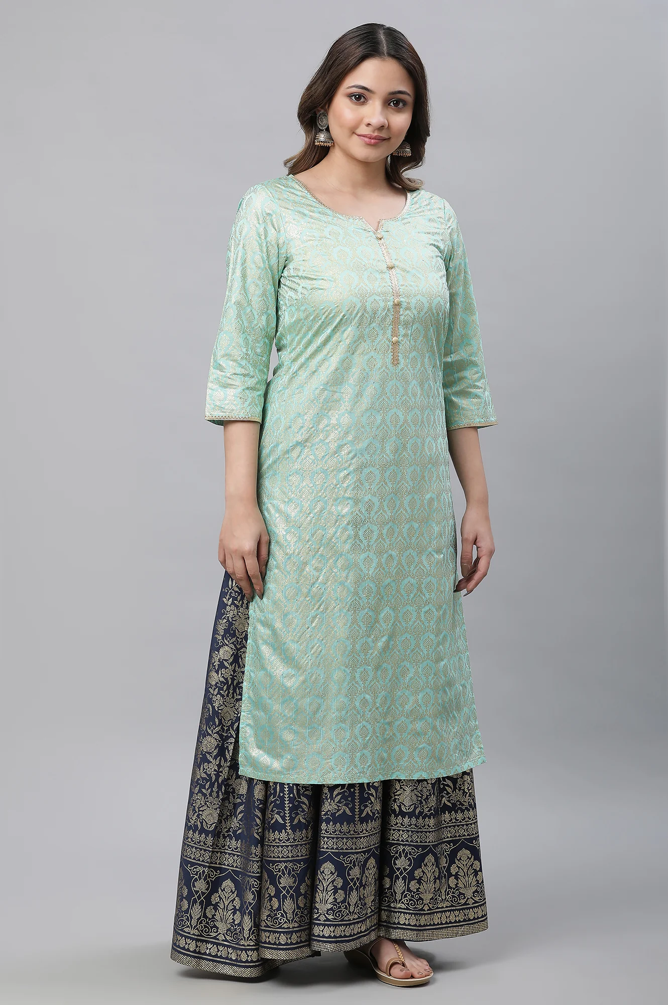 Mint Green Foil Printed Embellished Straight Kurta and Skirt Set - Image 4