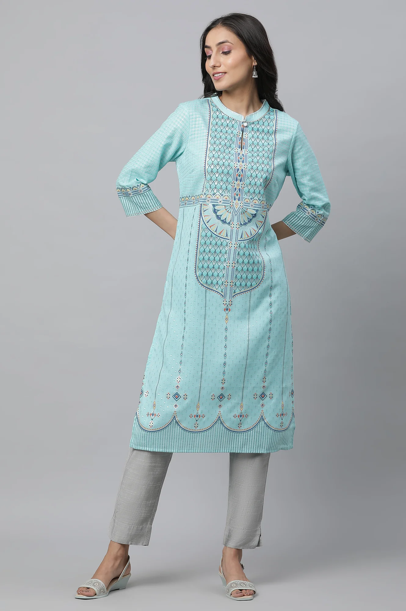Mint Green Foil Printed Festive Kurta - Image 2