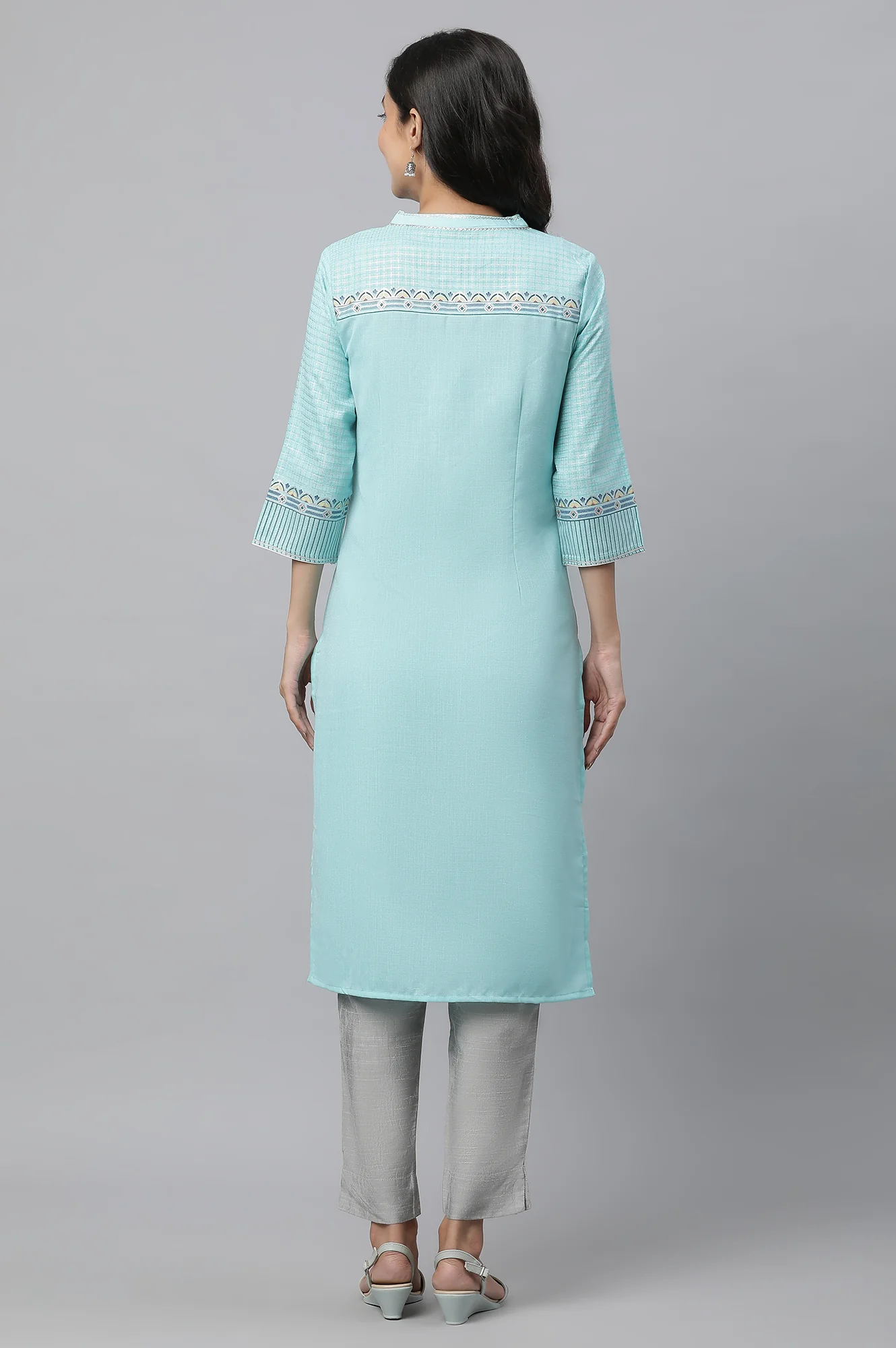 Mint Green Foil Printed Festive Kurta - Image 4