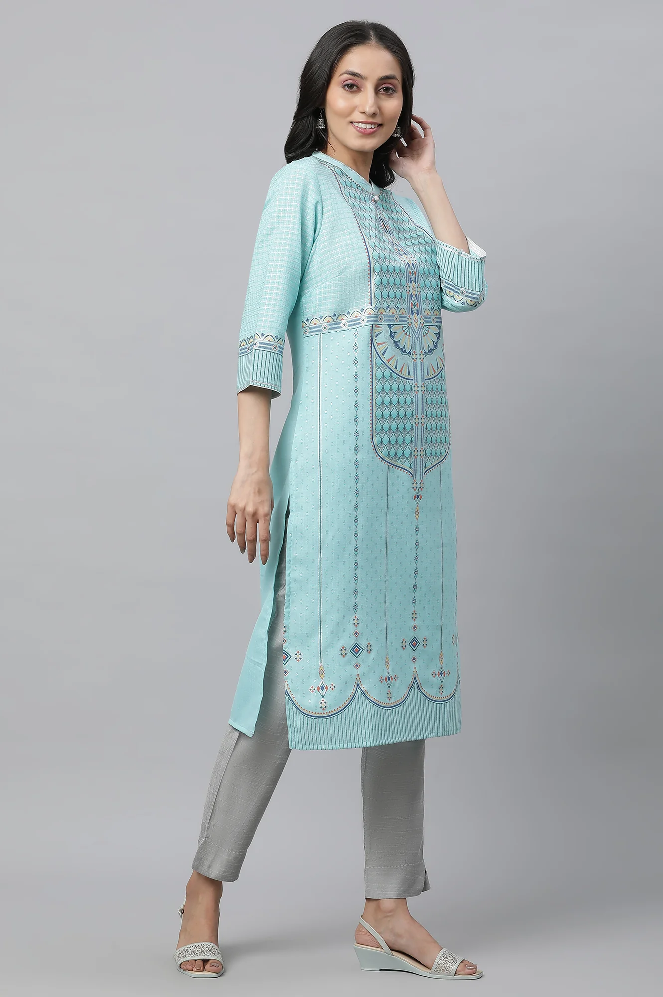 Mint Green Foil Printed Festive Kurta - Image 5