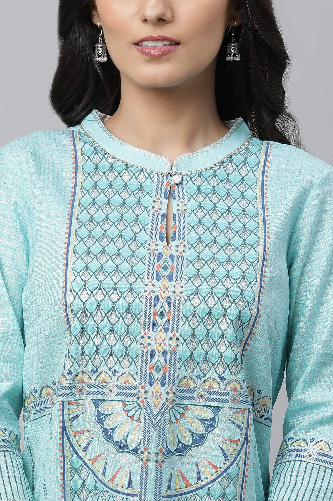 Mint Green Foil Printed Festive Kurta - Image 6