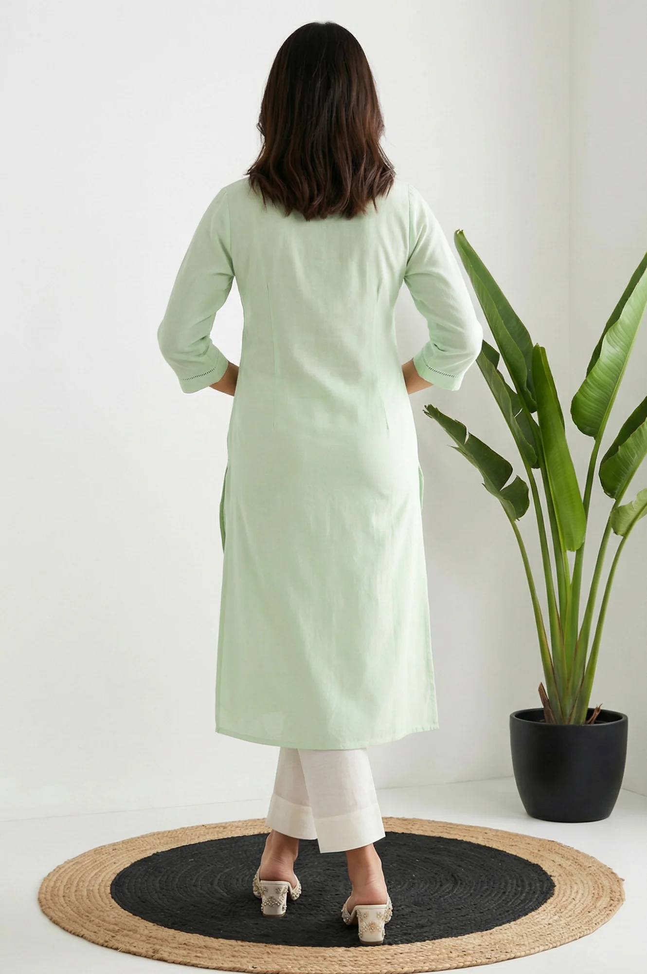 Mint Green Solid Lace Trim Straight Kurta - Image 4