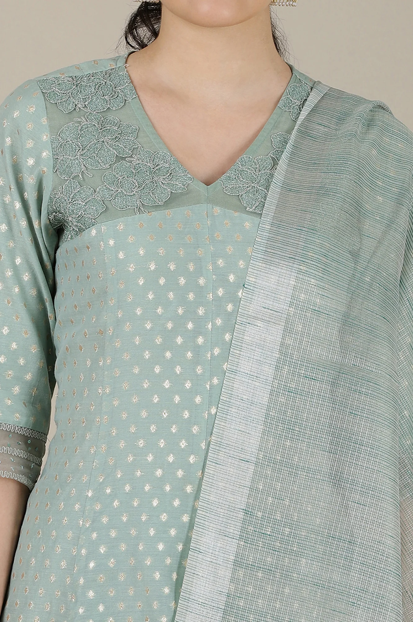 Mint Green Yarn Dyed Dori Embroidered Anarkali Kurta, Trousers and Dupatta Set - Image 4