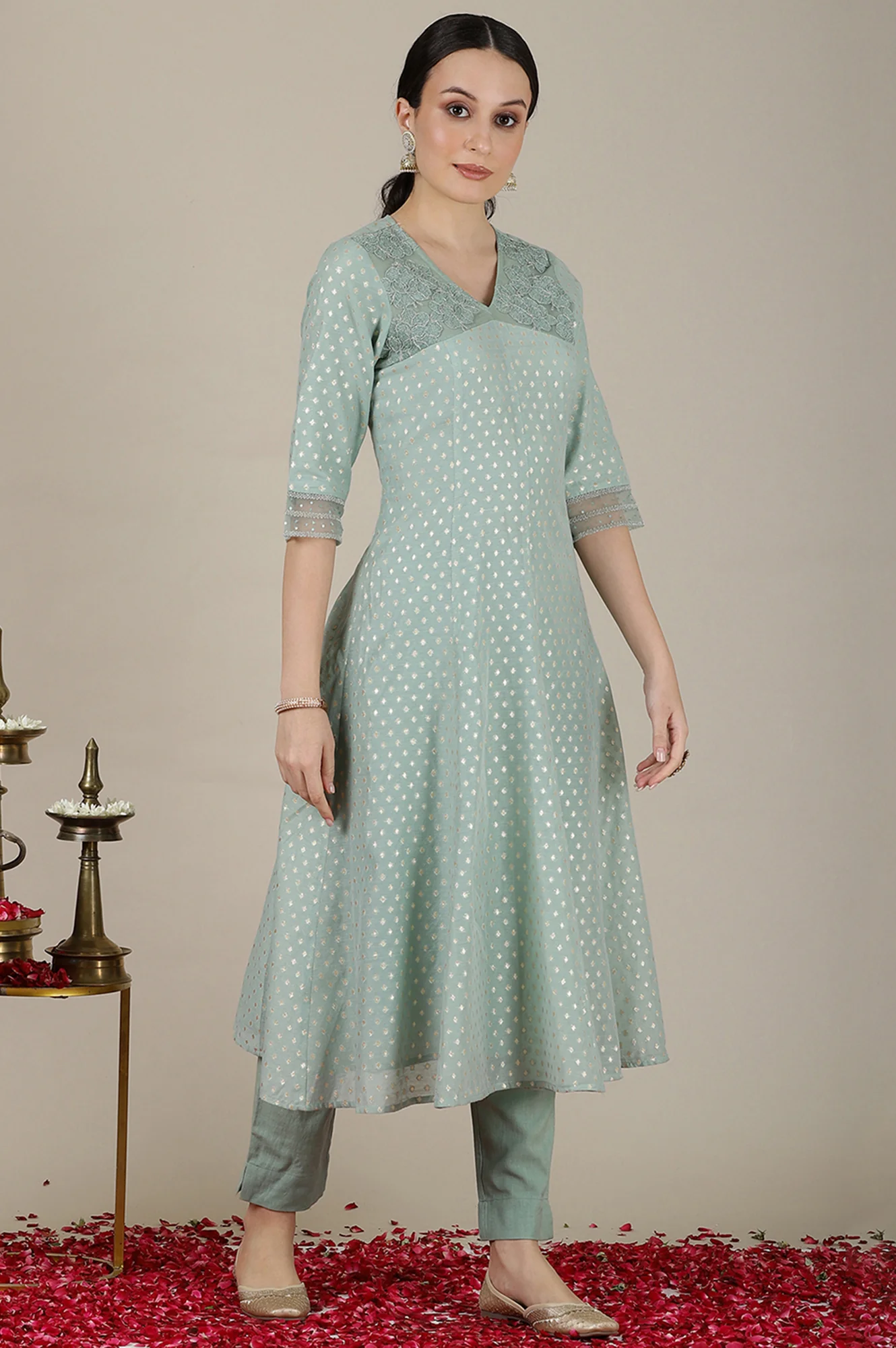 Mint Green Yarn Dyed Dori Embroidered Anarkali Kurta, Trousers and Dupatta Set - Image 5