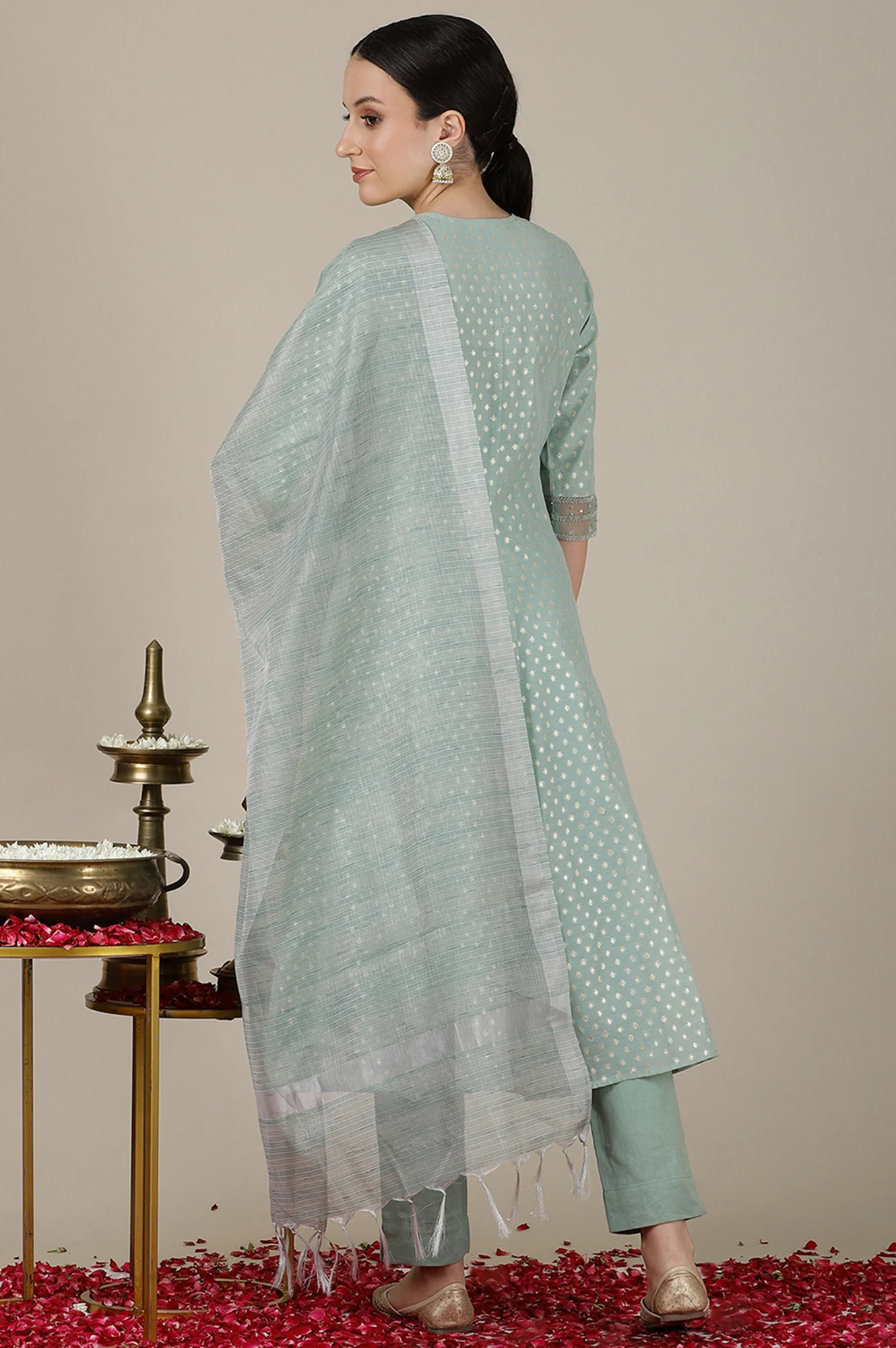 Mint Green Yarn Dyed Dori Embroidered Anarkali Kurta, Trousers and Dupatta Set - Image 6