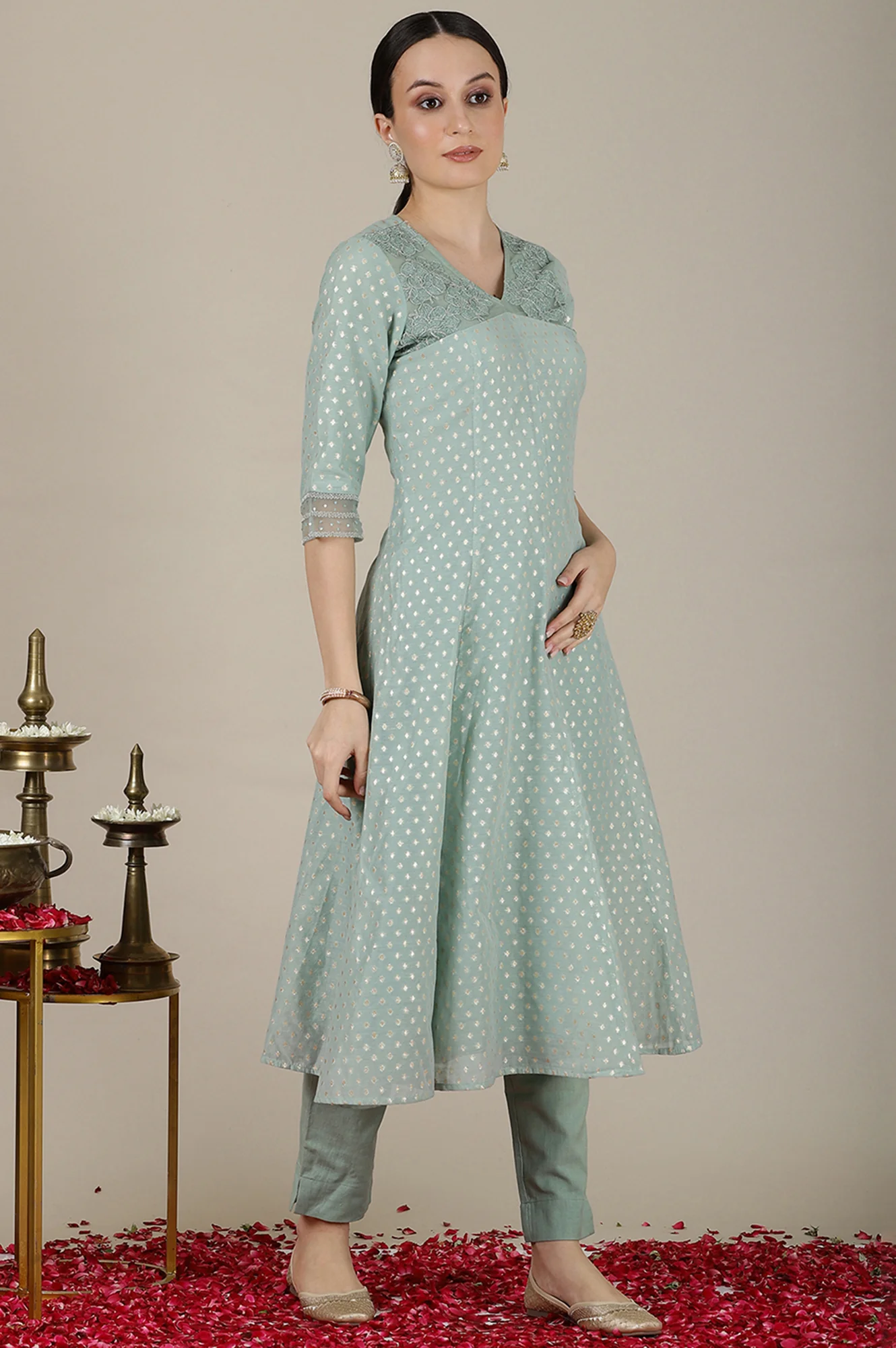 Mint Green Yarn Dyed Dori Embroidered Anarkali Kurta, Trousers and Dupatta Set - Image 7
