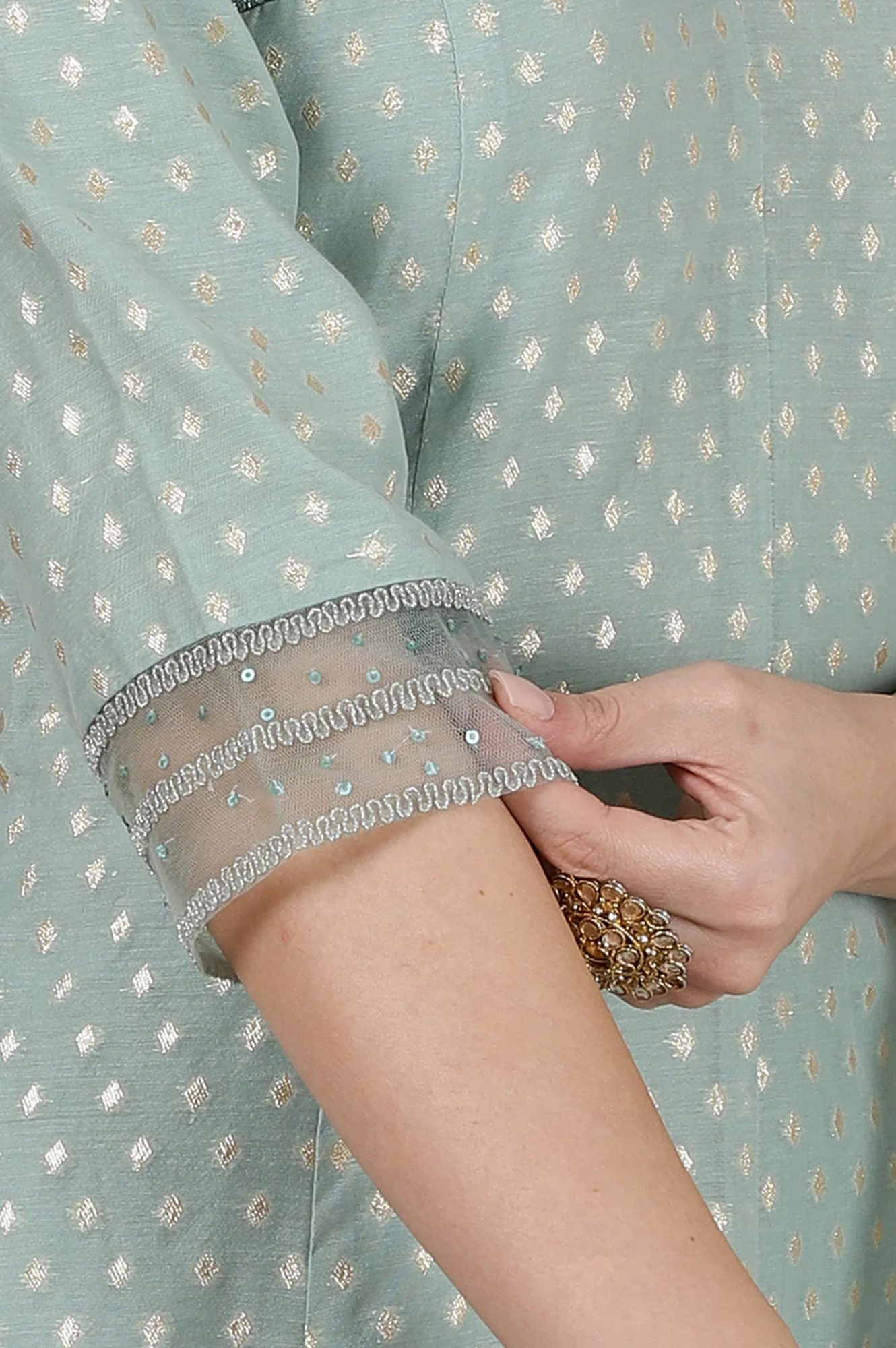 Mint Green Yarn Dyed Dori Embroidered Anarkali Kurta, Trousers and Dupatta Set - Image 8