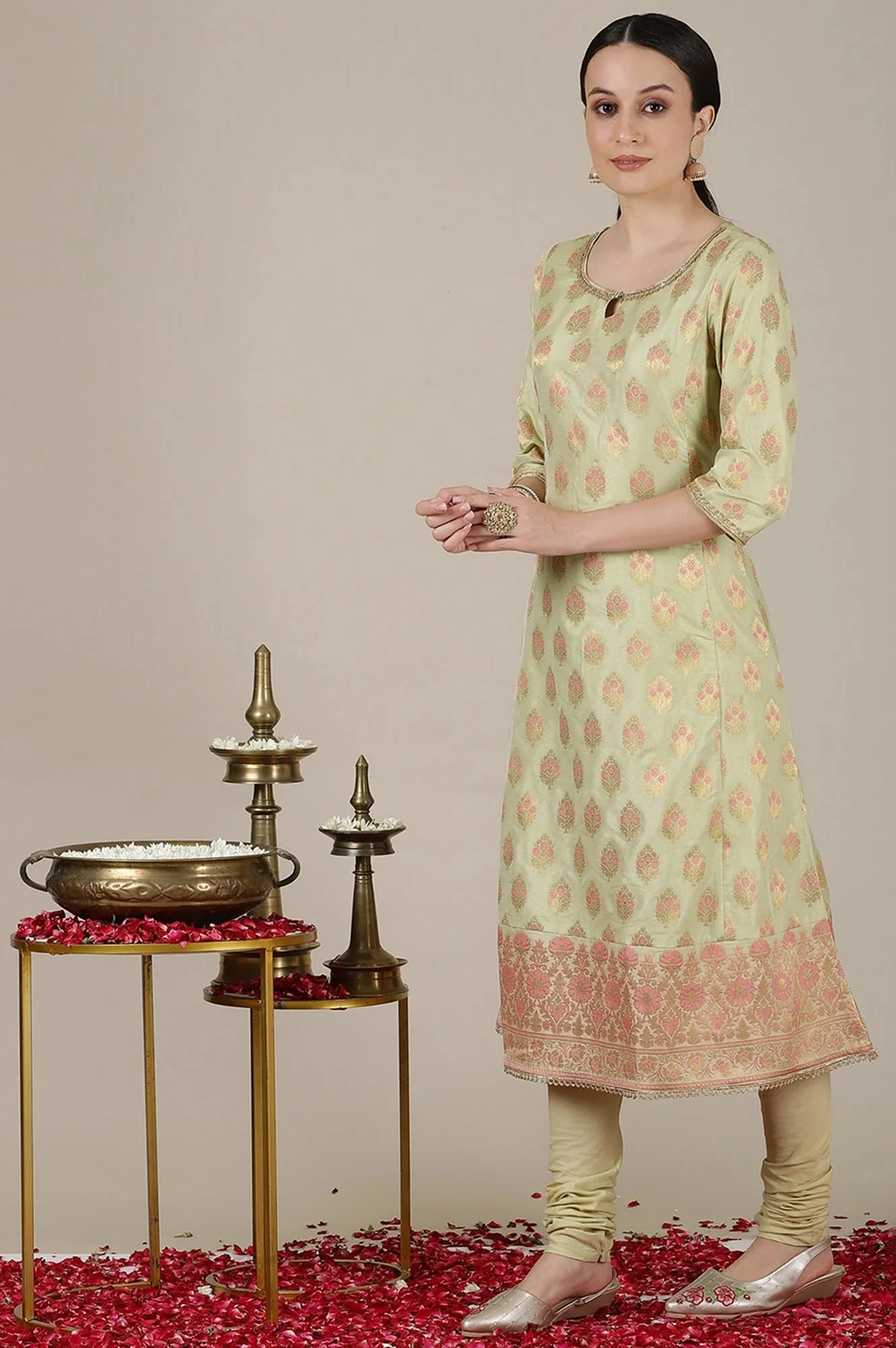 Mint Green Yarn Dyed Embroidered A-line Kurta, Churidar and Dupatta Set - Image 5