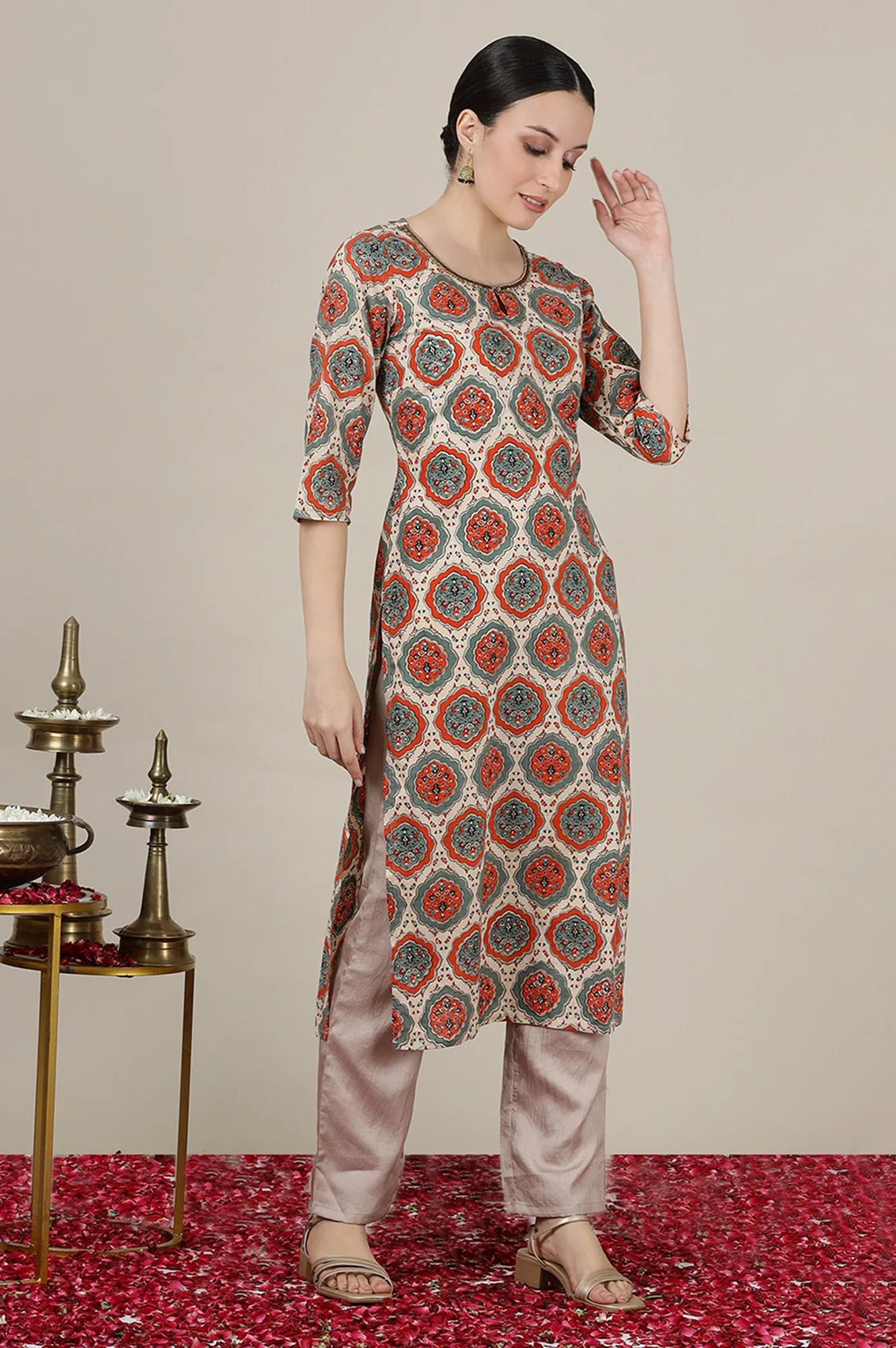 Multi Abstract Ajrak Sequined Straight Rayon Kurta - Image 4