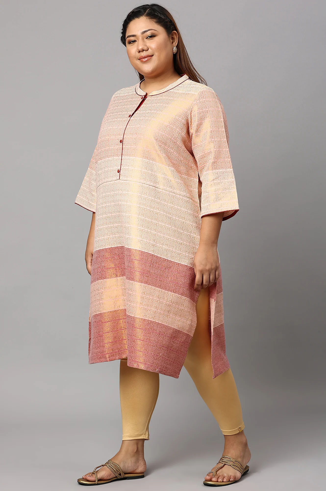 Multi and Burnt Peach Dobby Straight Plus Size kurta - Image 3