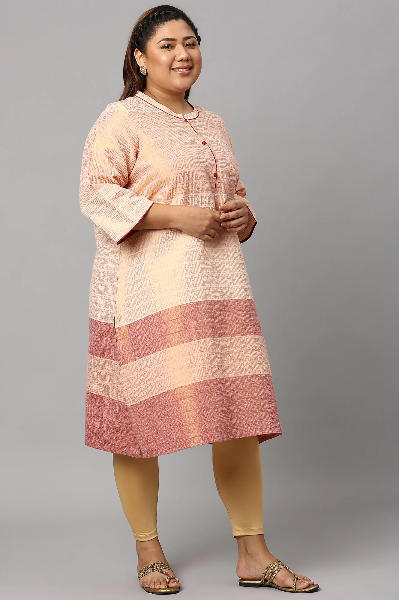Multi and Burnt Peach Dobby Straight Plus Size kurta - Image 4