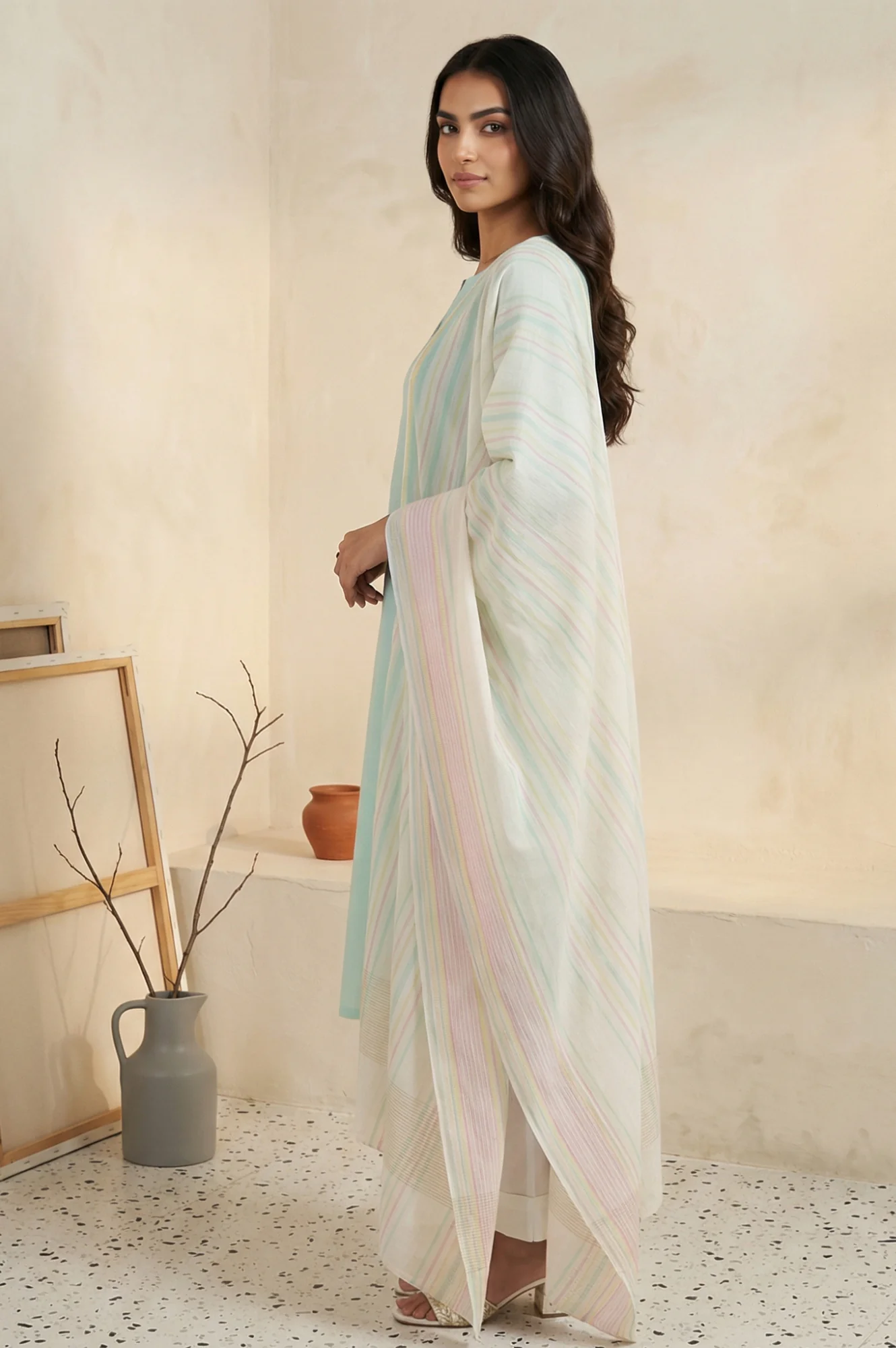 Multi-color Striped Stripes Cotton Blend Dupatta - Image 4