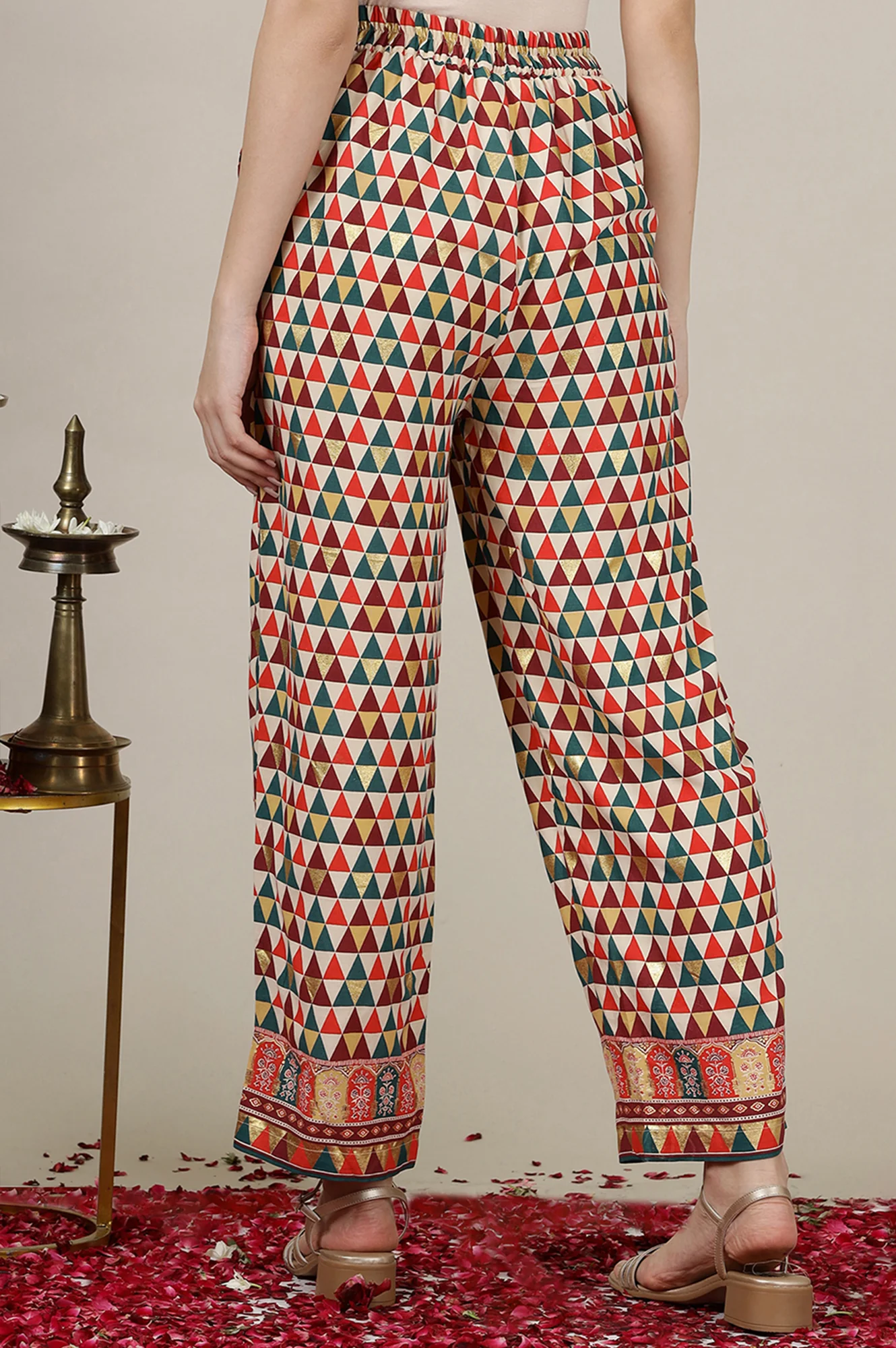 Multi-coloured Abstract Printed Straight Palazzo Pants in Ankle Length - Image 3