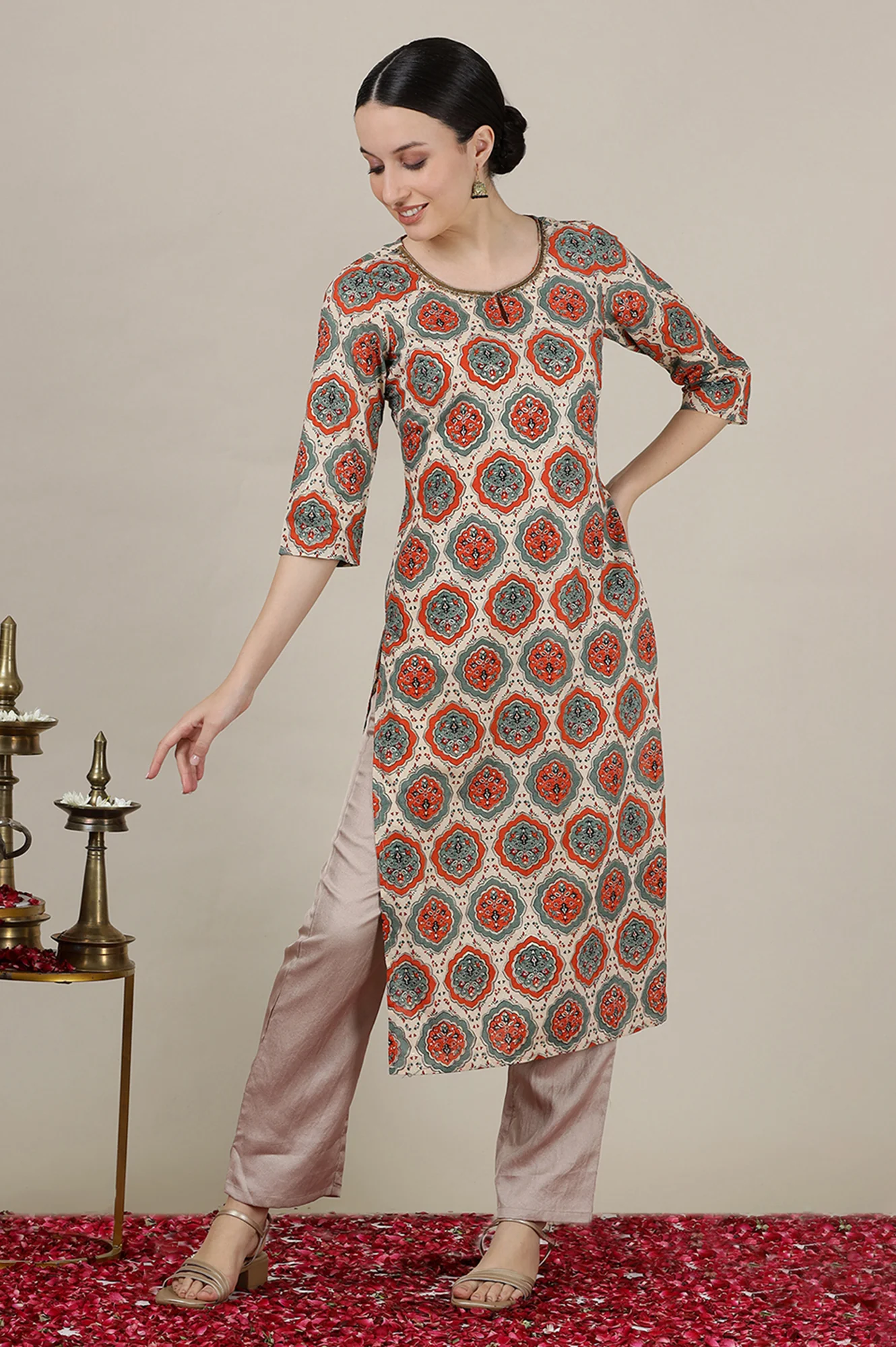 Multi-Coloured Ajrak Print Inspired Straight Kurta - Image 2