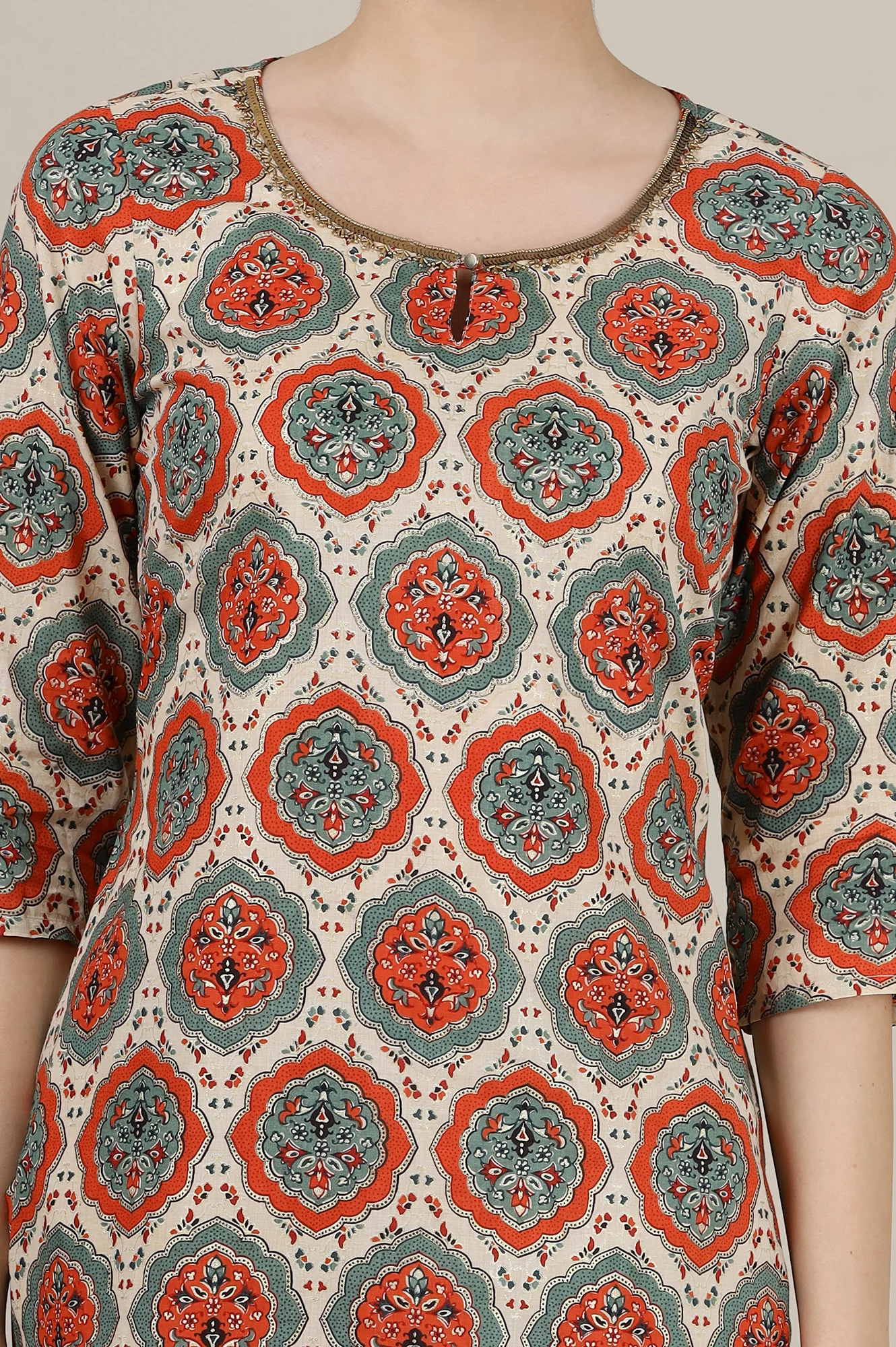 Multi-Coloured Ajrak Print Inspired Straight Kurta - Image 4